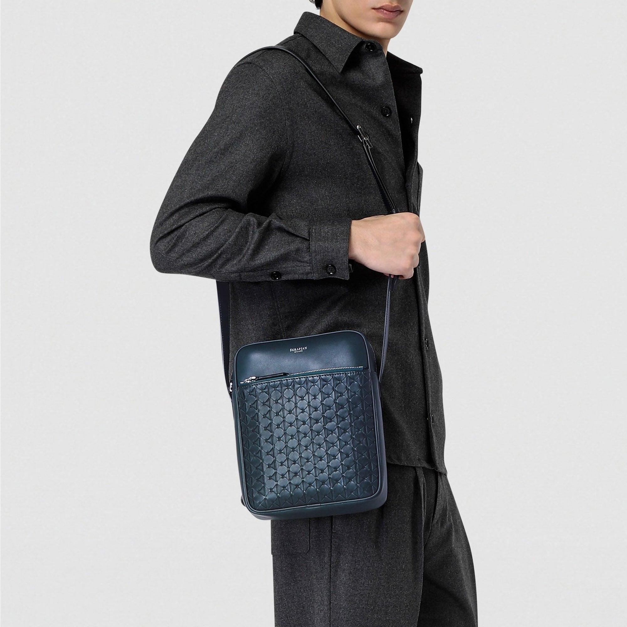 North South messenger bag in Mosaico leather - Navy Blue