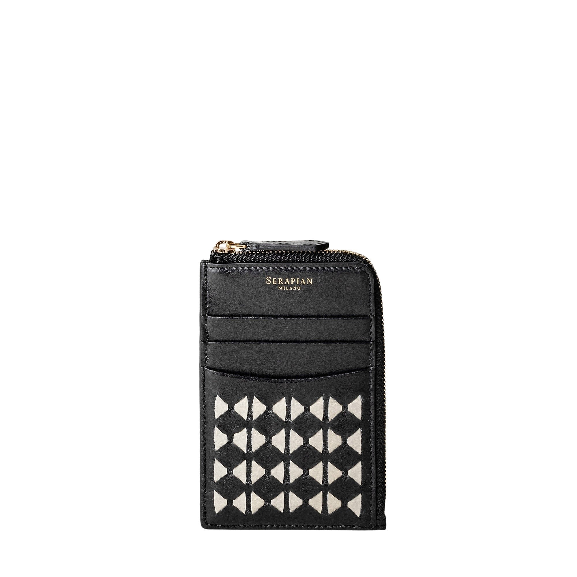 Porte-cartes zippé en cuir Mosaico - Black & Off White