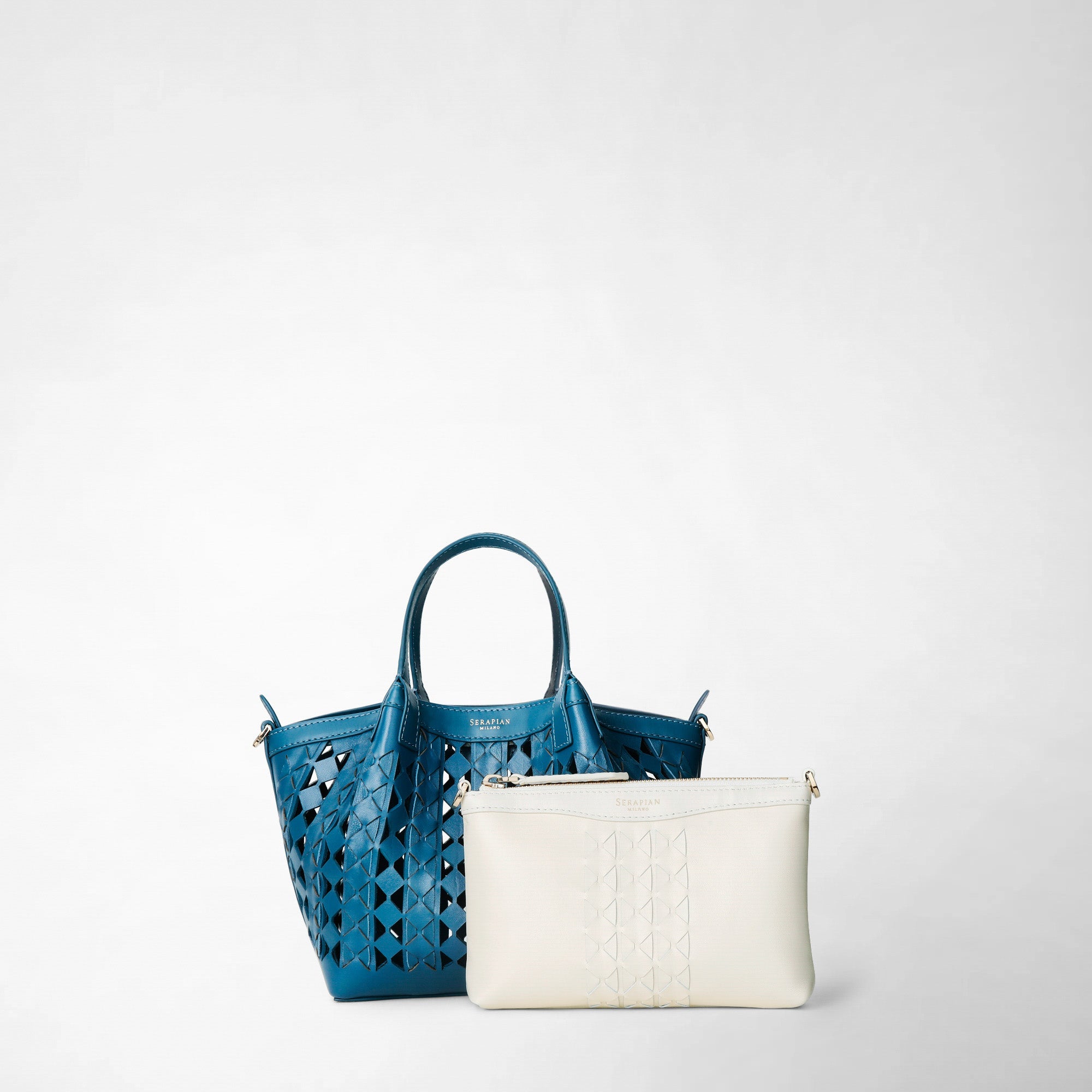 Secret mini bag in Mosaico leather - Blue Jeans & Off White