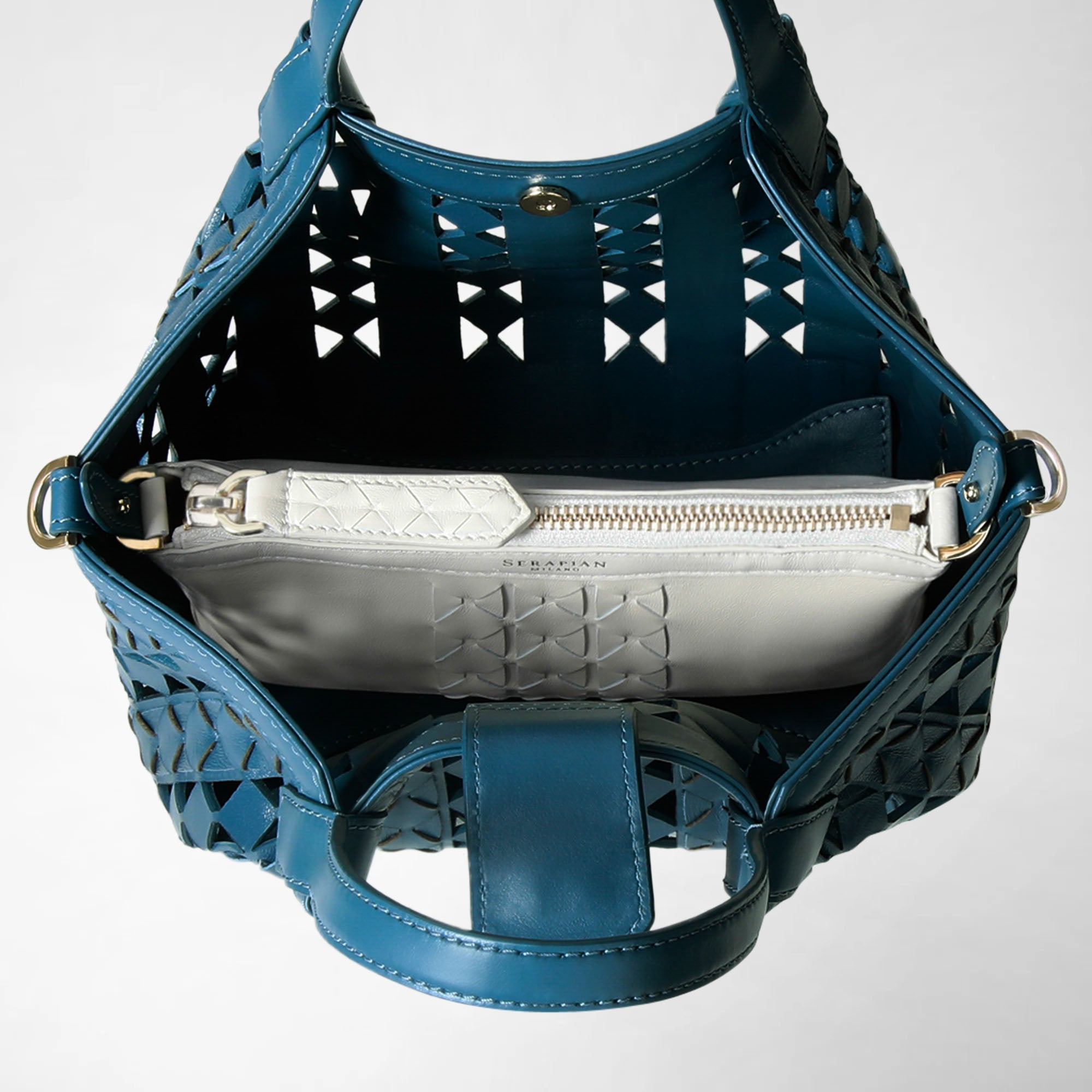 Secret mini bag in Mosaico leather - Blue Jeans & Off White