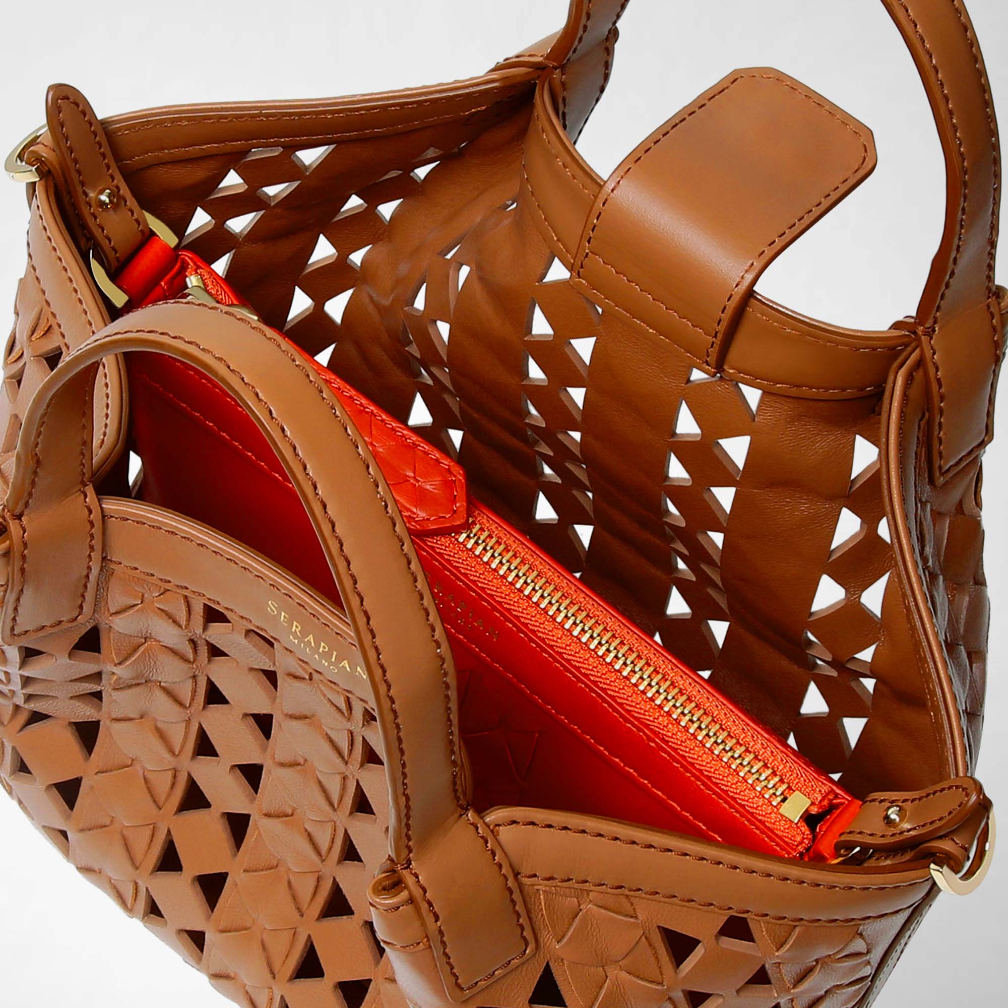 Mini sac Secret en cuir Mosaico - Tan & Coral Red