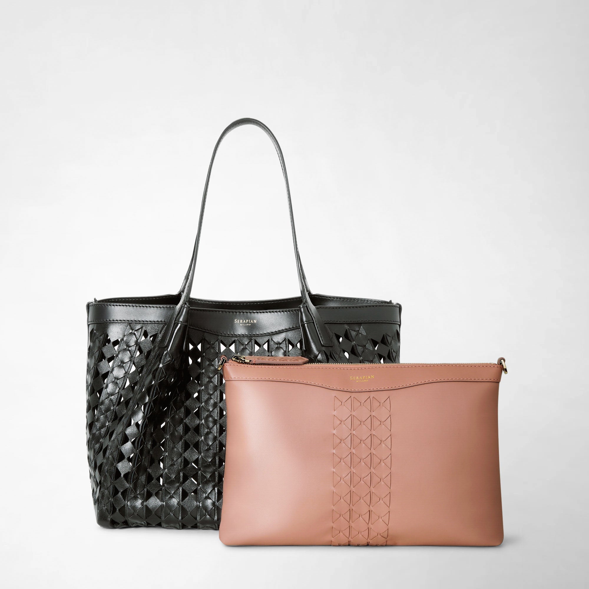 Secret small bag in Mosaico leather - Black & Blush