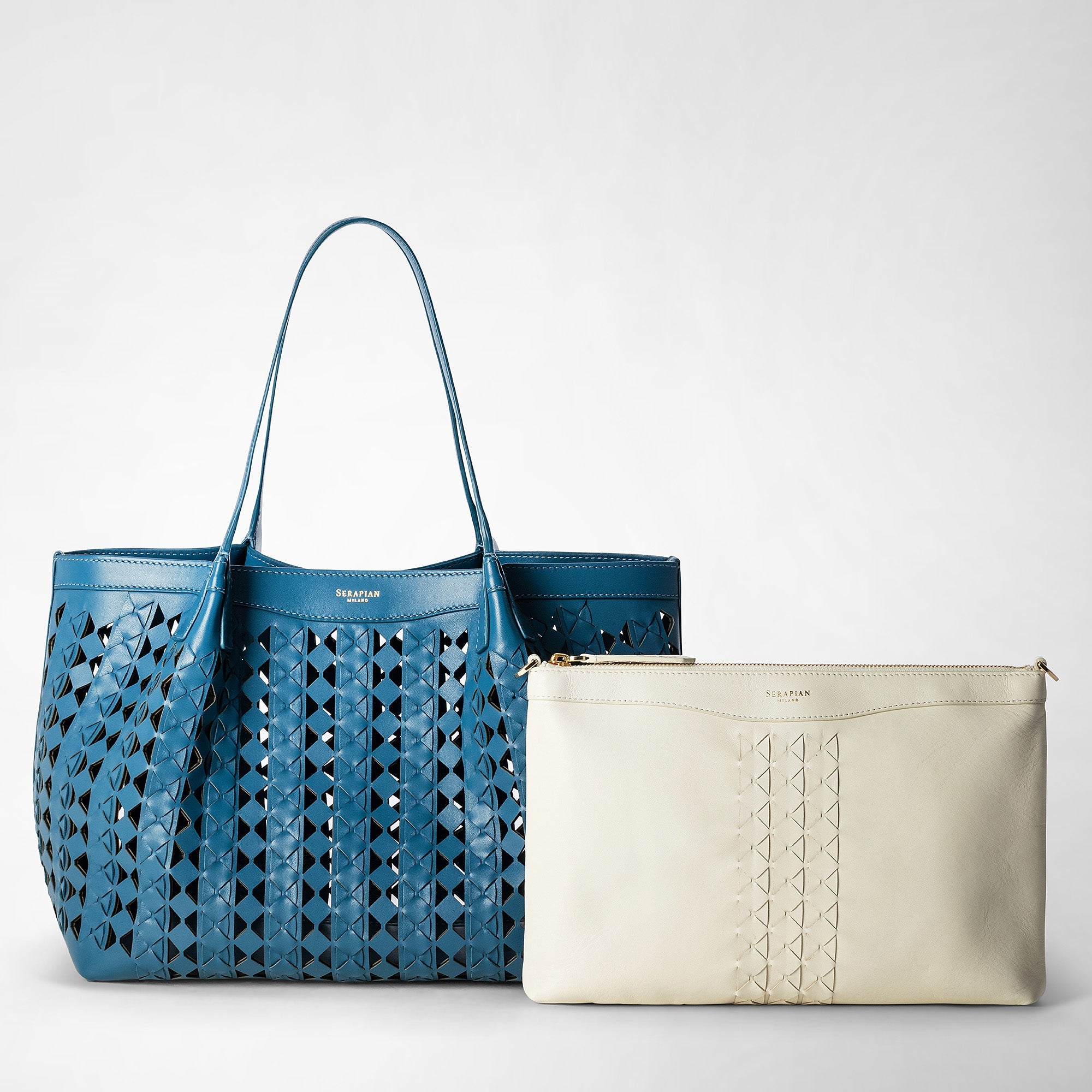 Petit sac Secret en cuir Mosaico - Blue Jeans & Off White