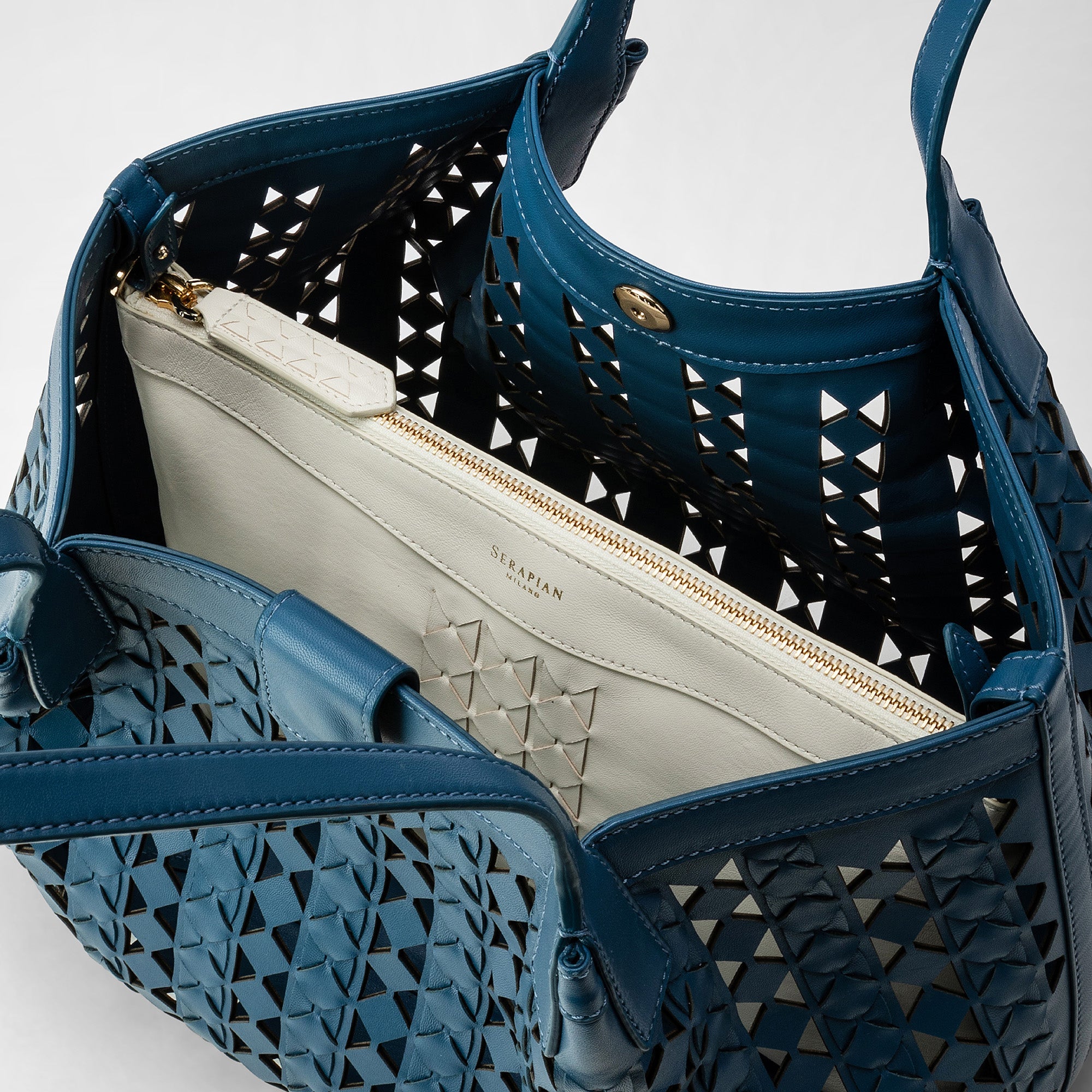 Petit sac Secret en cuir Mosaico - Blue Jeans & Off White