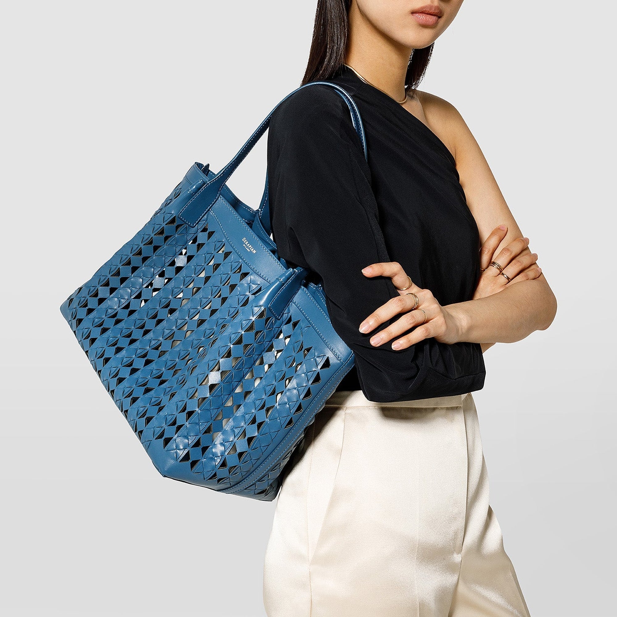 Petit sac Secret en cuir Mosaico - Blue Jeans & Off White