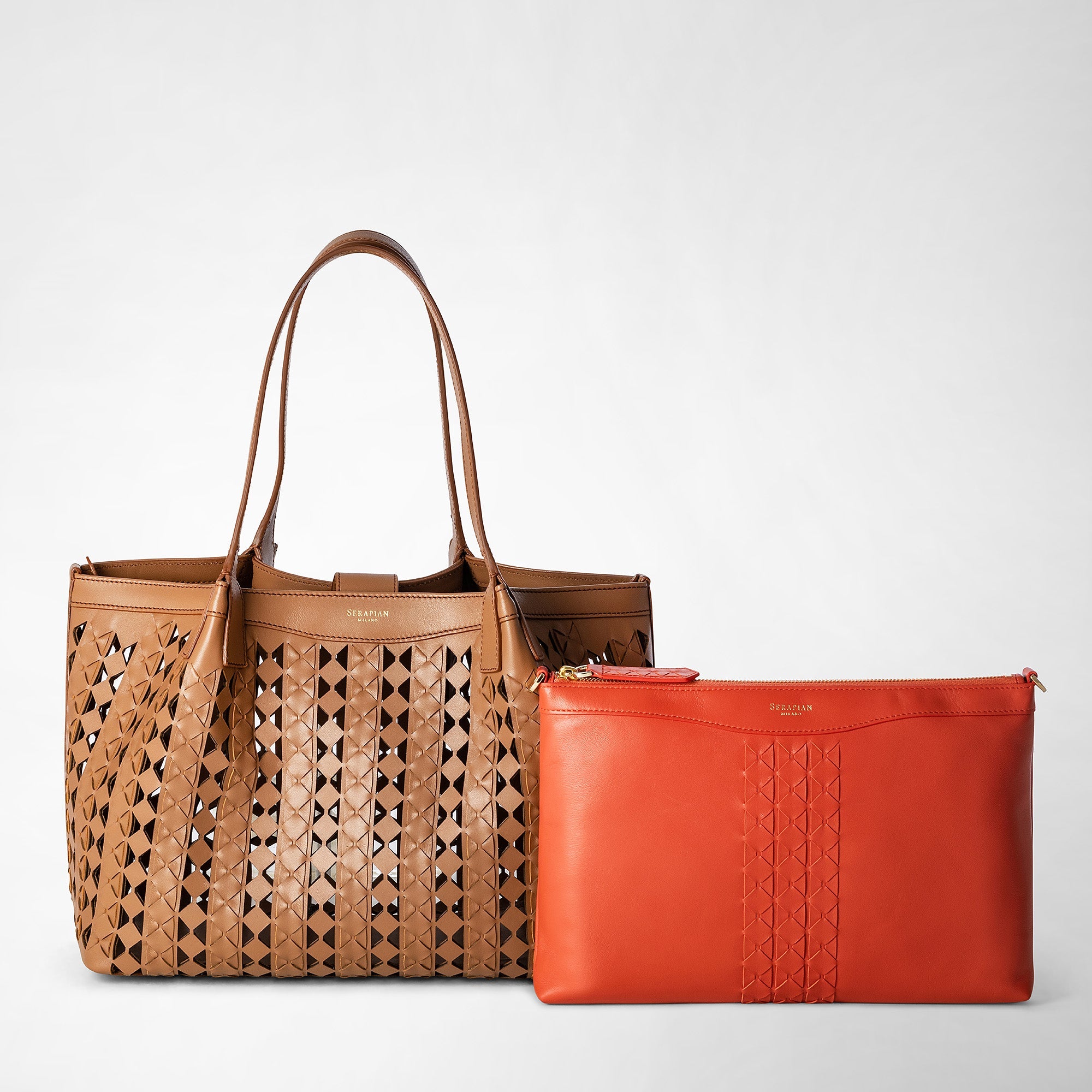 Petit sac Secret en cuir Mosaico - Tan & Coral Red