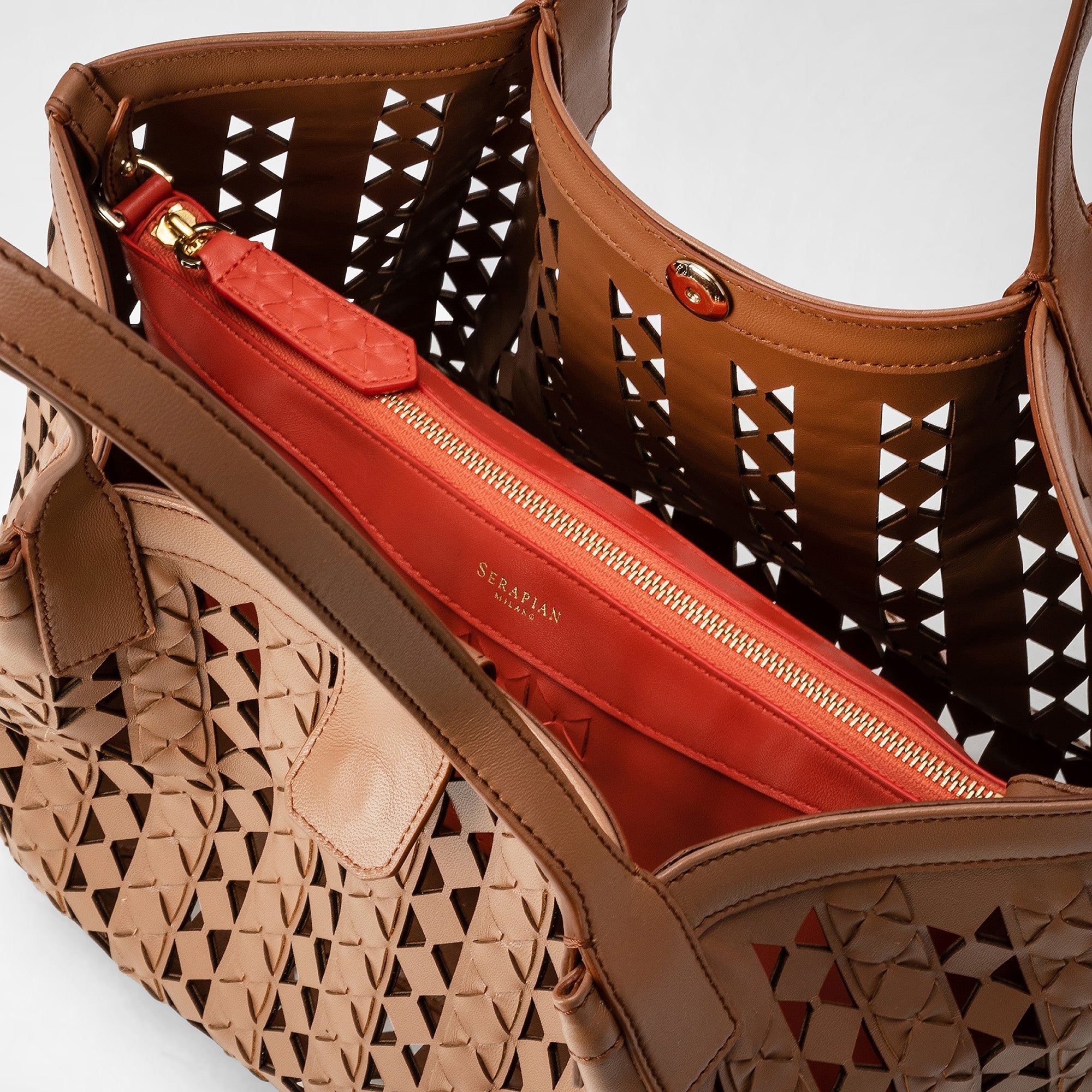 Petit sac Secret en cuir Mosaico - Tan & Coral Red
