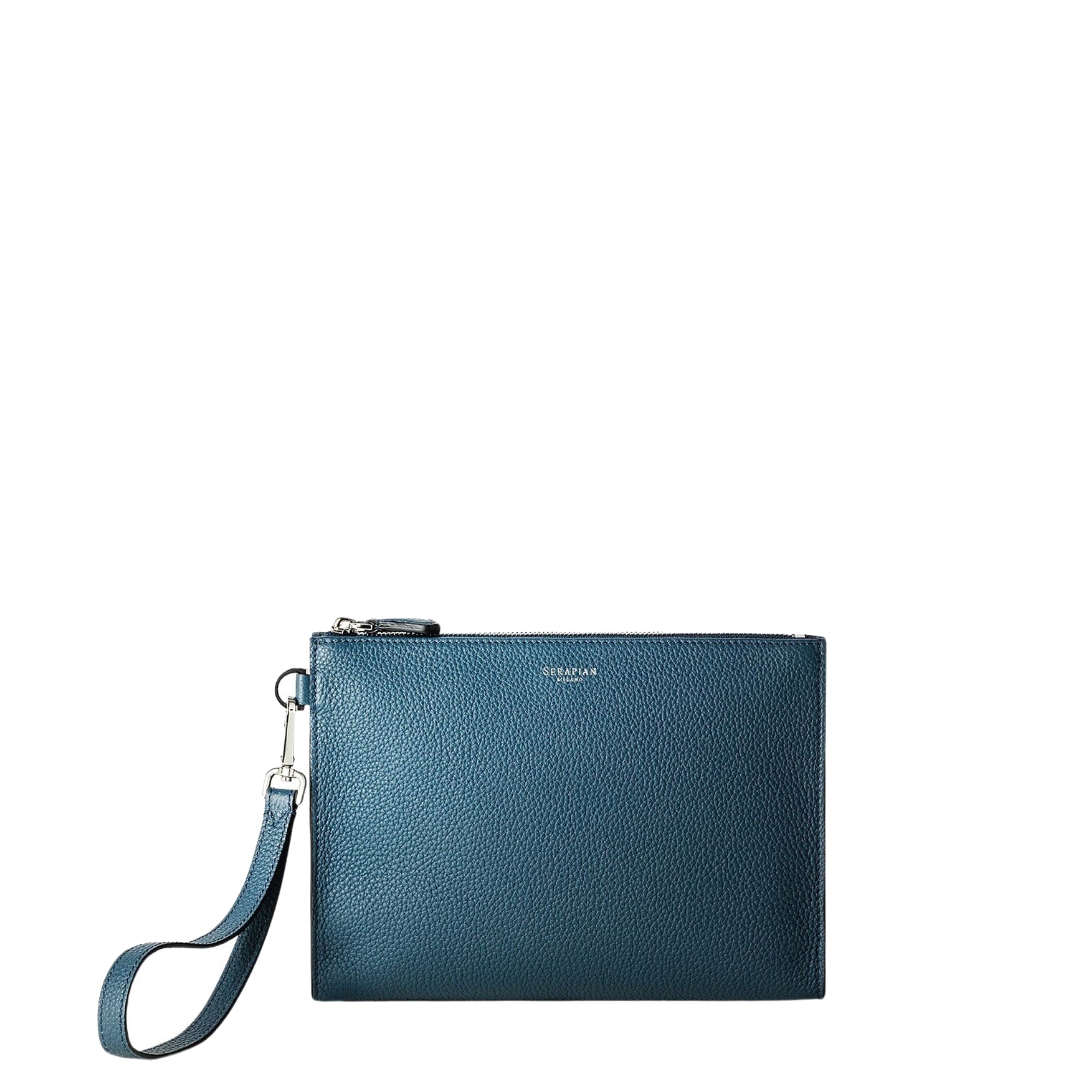 Leather zip clutch bag - Denim Blue