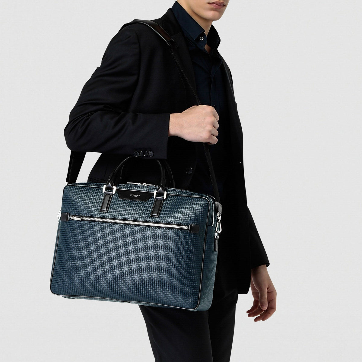 Mallette Stepan en cuir et toile enduite - Ocean Blue & Black