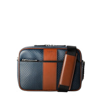 Stapan zipped shoulder bag in coated canvas - Ocean Blue & Cuoio