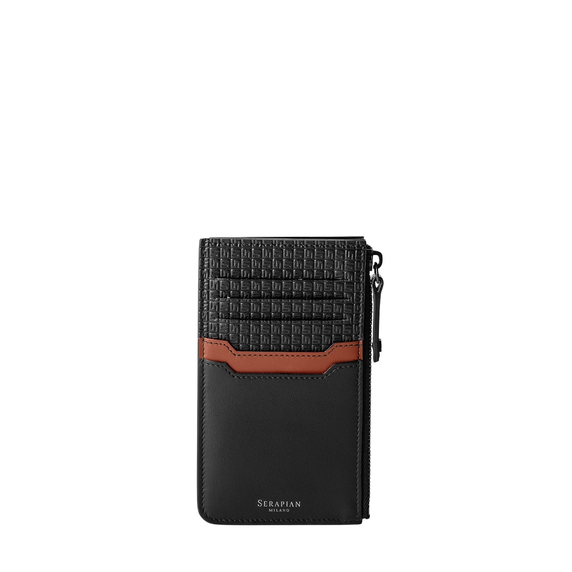 Porte-cartes zippé en toile stepan - Black & Cuoio