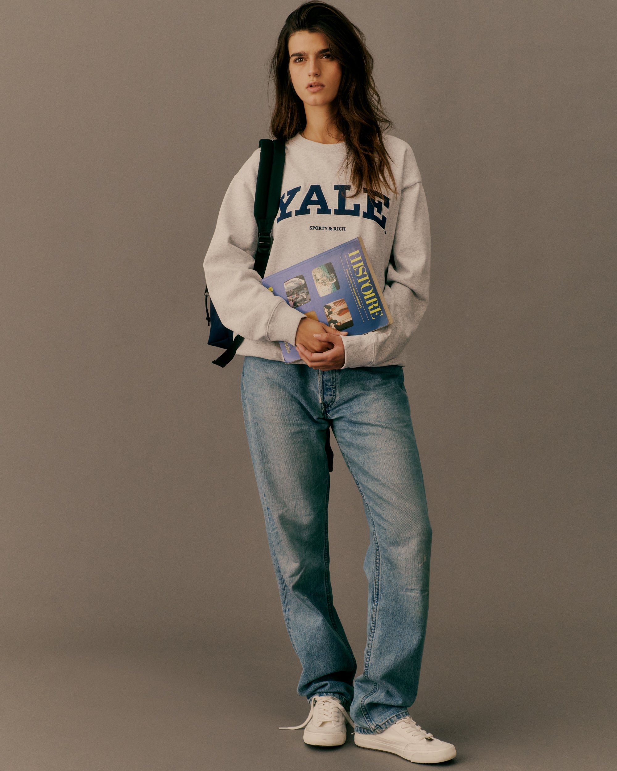 Pull à col rond Yale Ivy - Gris chiné/Bleu marine