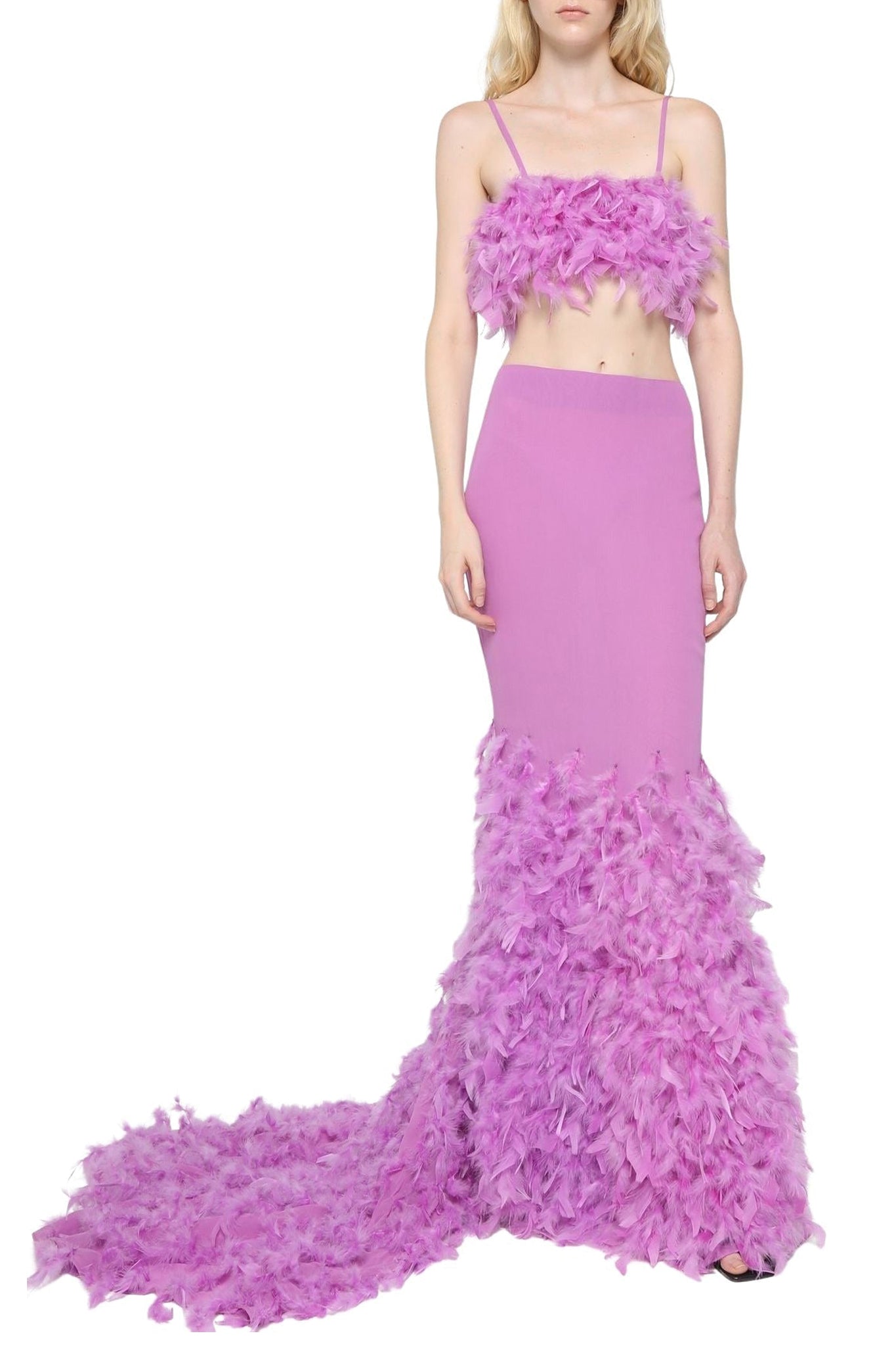 Jupe longue avec traîne en plumes - Lilac Pink
