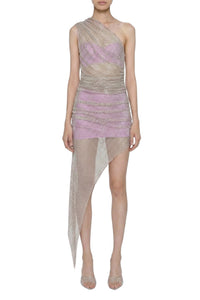 Robe asymétrique drapée avec maille cristallisée - Lilac Pink