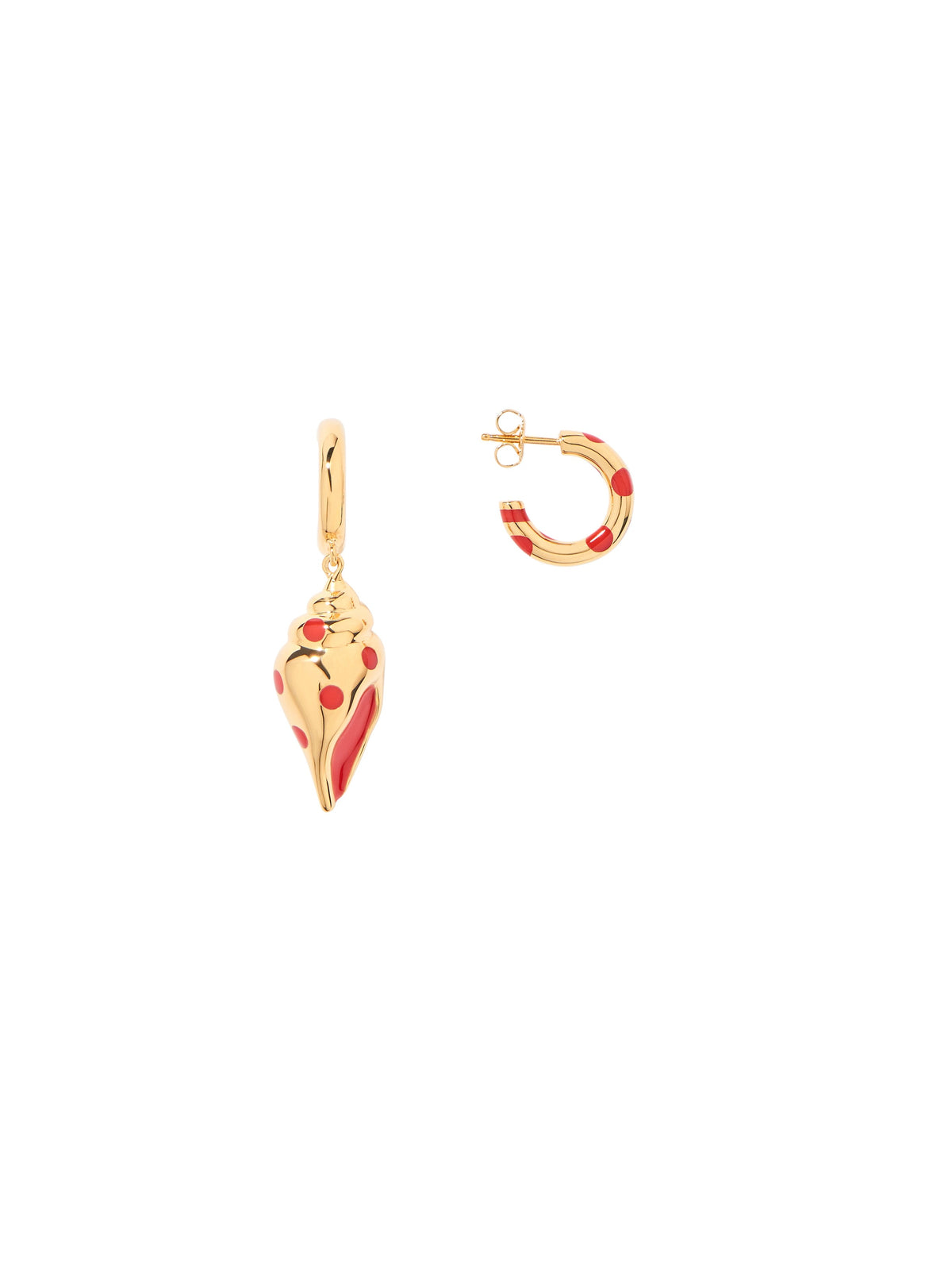Boucles d'oreilles Creoles Asymetriques Coquillage Vermillon - Doré et vermillon