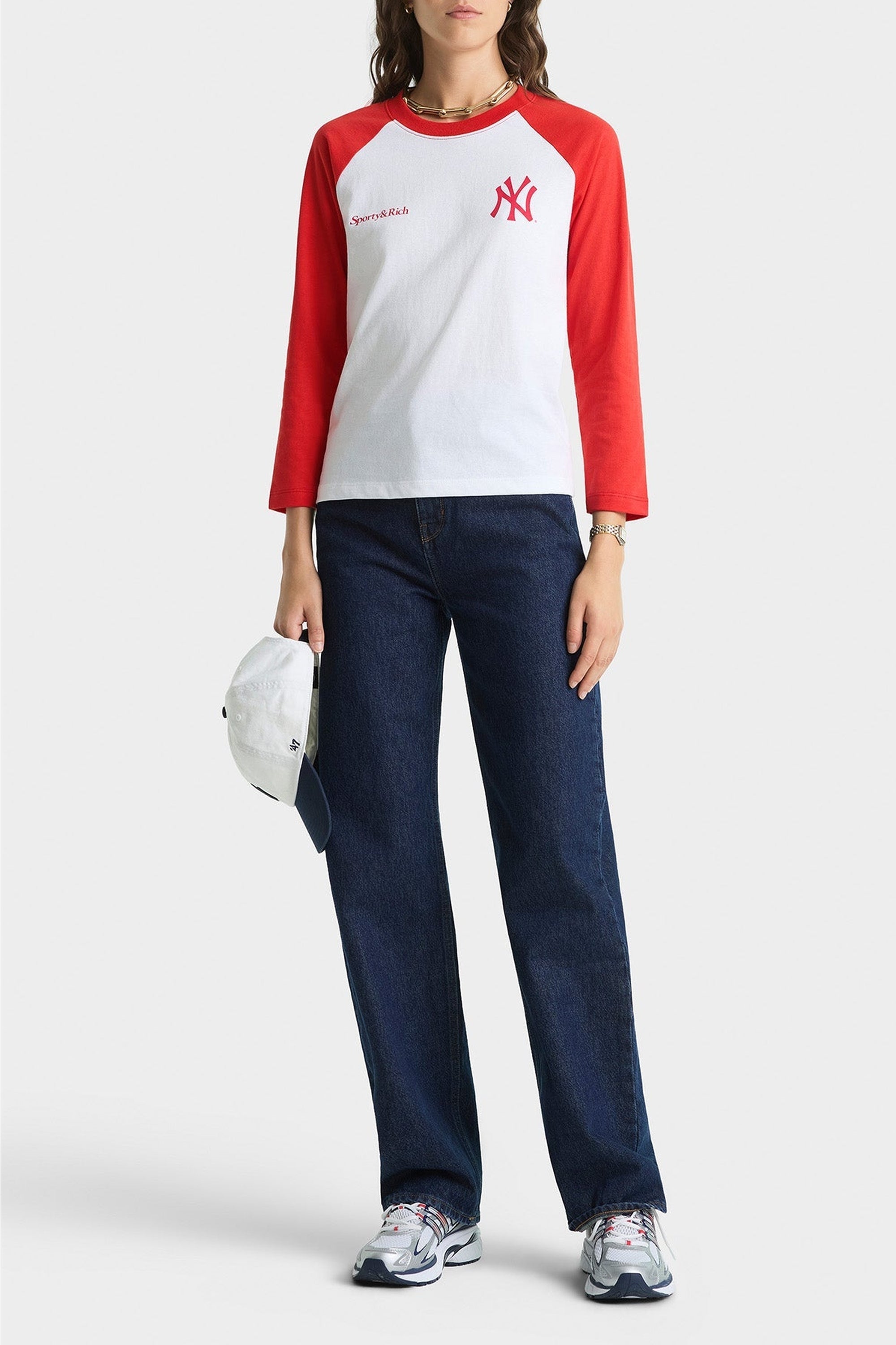 T-shirt Yankees à manches longues raglans - White & Fire Red