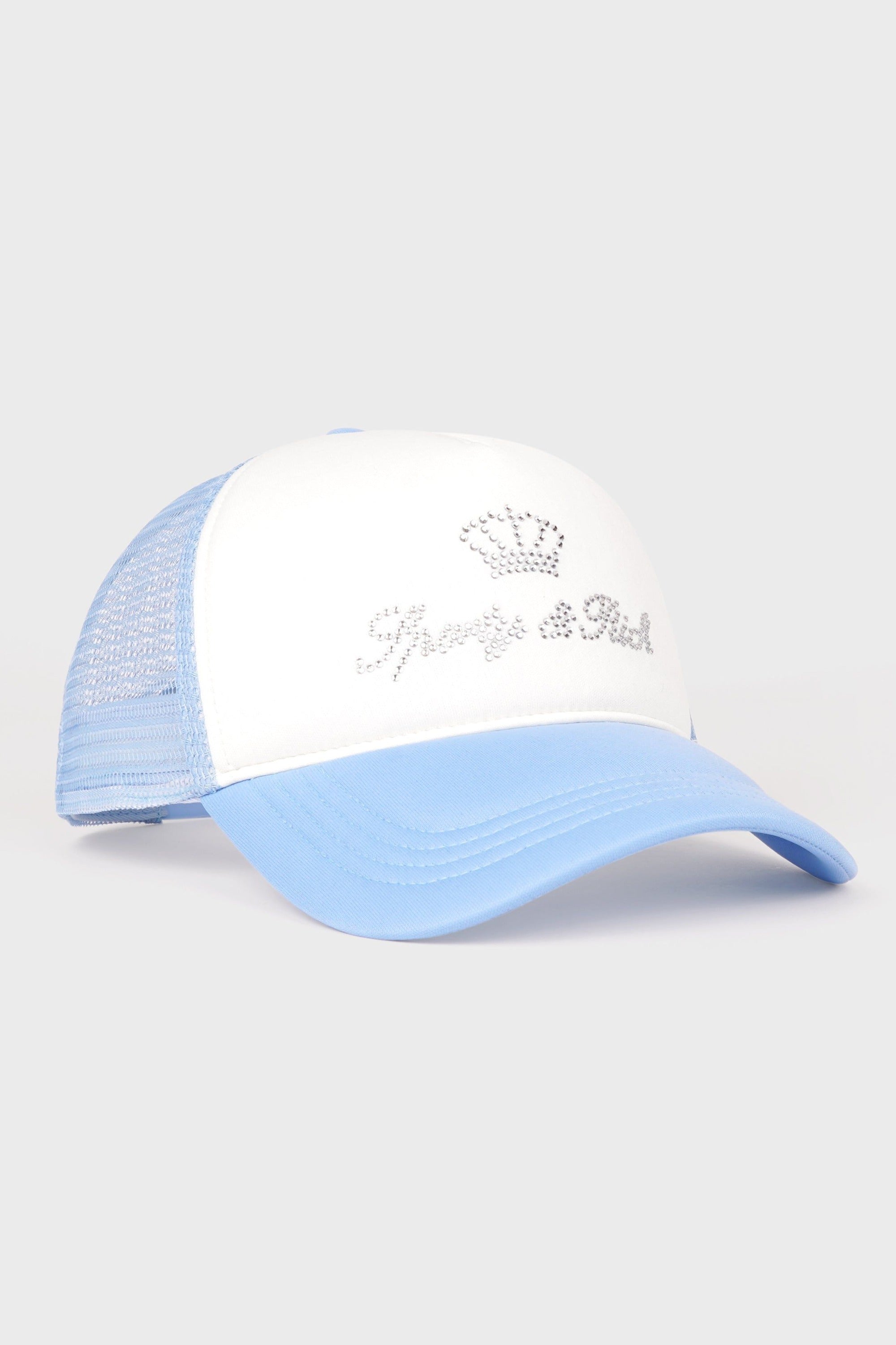 Juicy Crown Trucker Hat - White & Sky Blue