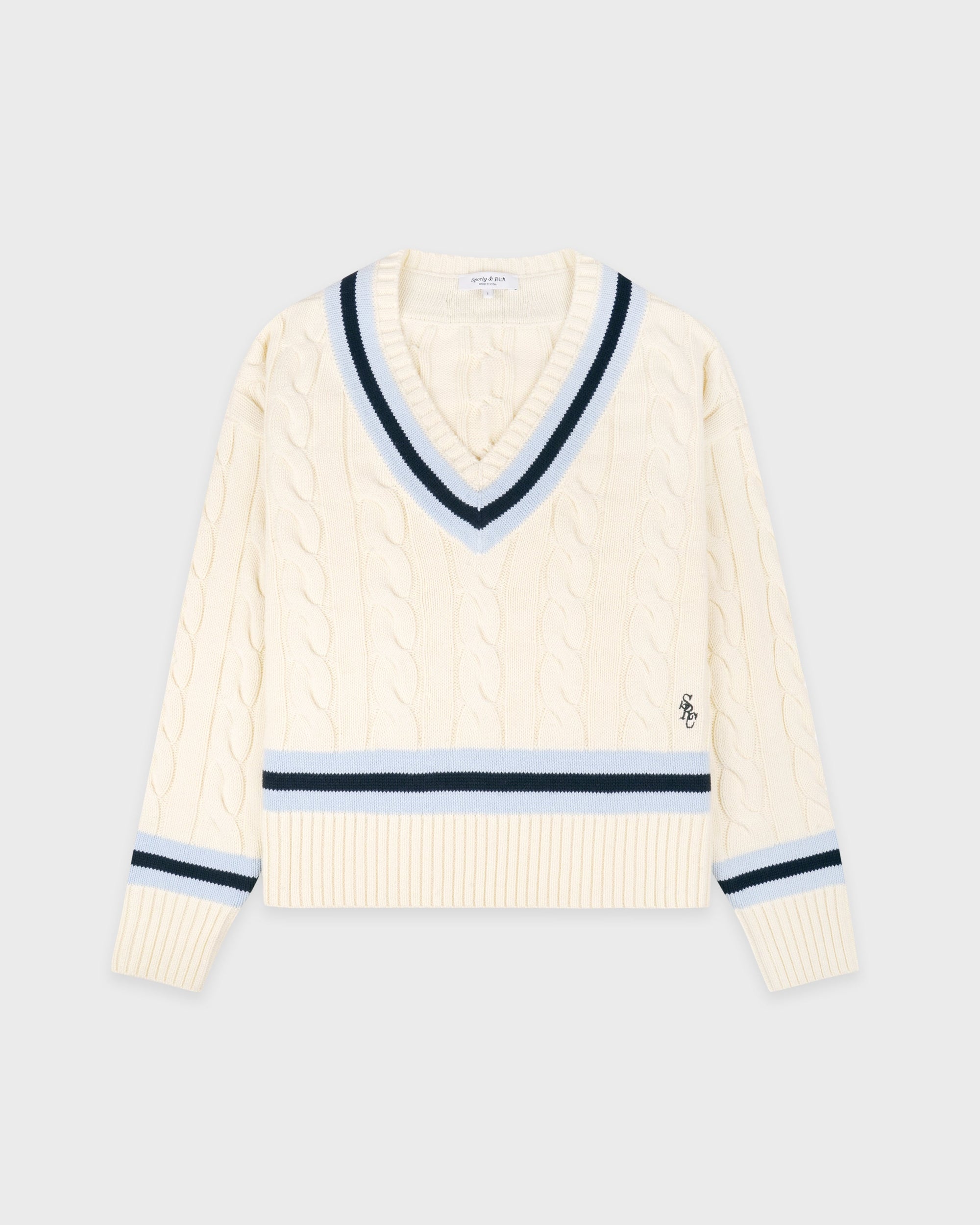 Pull SRC à col en V et motif torsadé - Écru/Bleu marine/Ciel