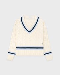Pull SRC à col en V et motif torsadé - Écru/Bleu marine/Ciel