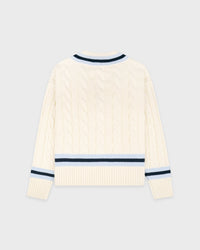 Pull SRC à col en V et motif torsadé - Écru/Bleu marine/Ciel