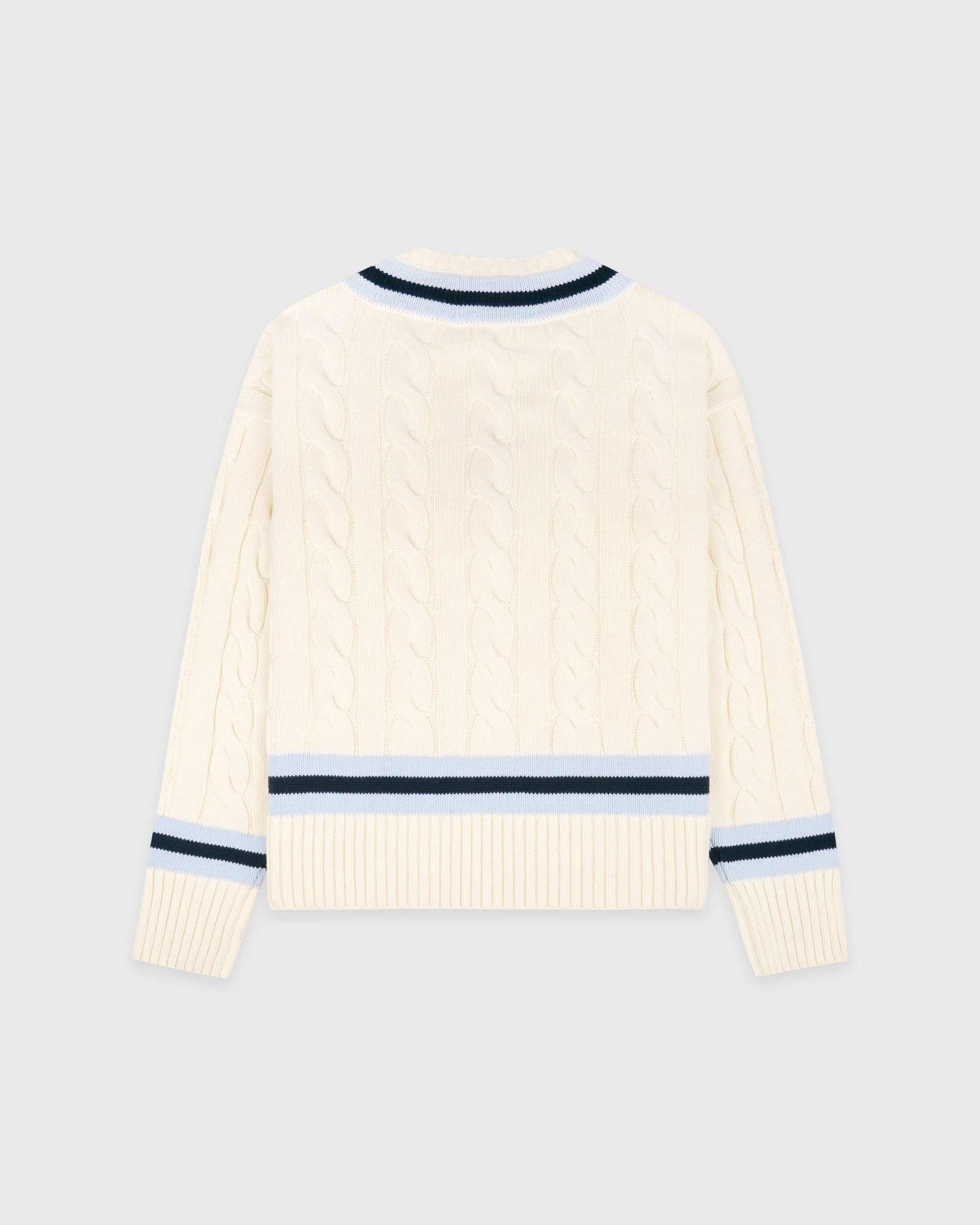 Pull SRC à col en V et motif torsadé - Écru/Bleu marine/Ciel