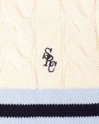 Pull SRC à col en V et motif torsadé - Écru/Bleu marine/Ciel