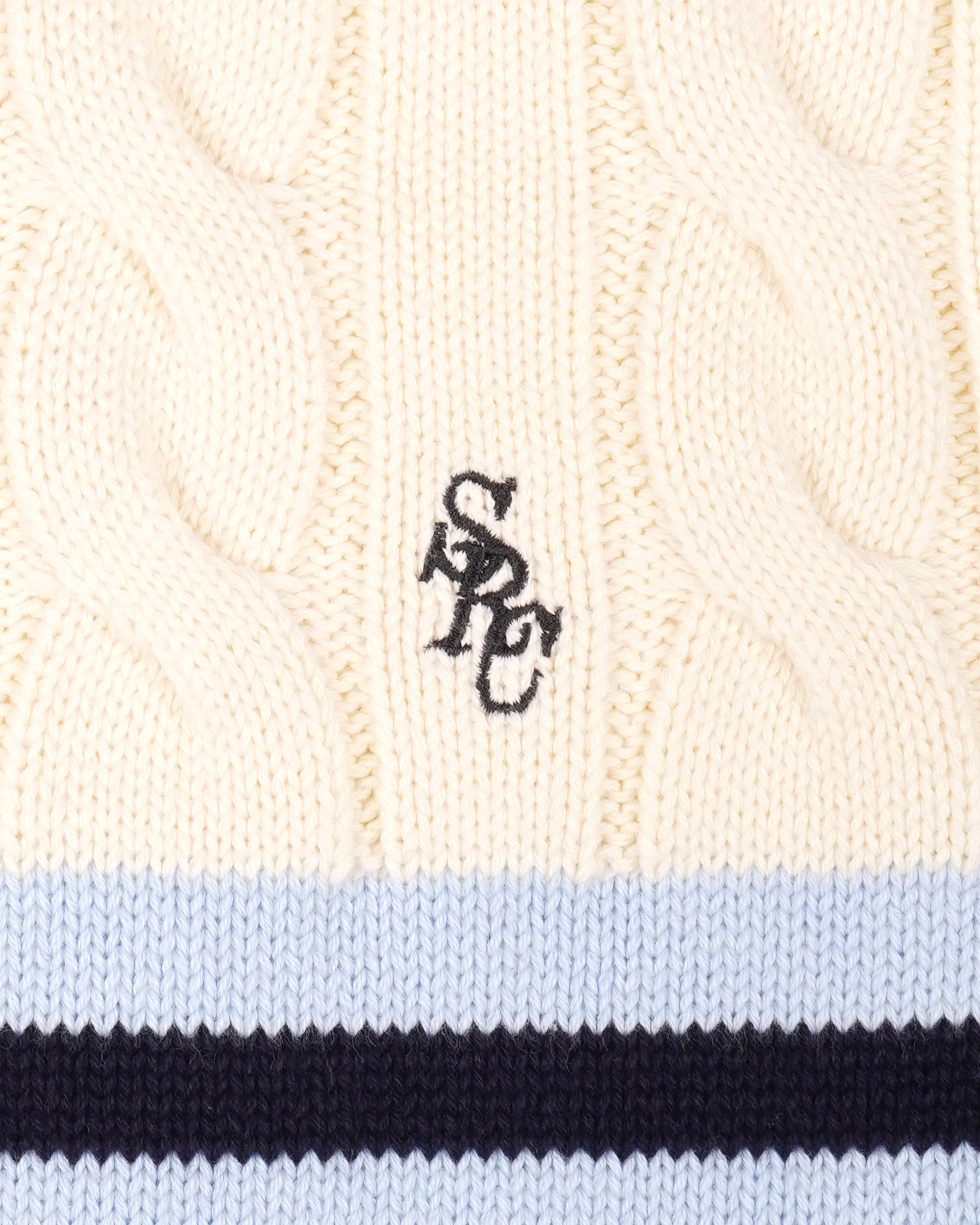 Pull SRC à col en V et motif torsadé - Écru/Bleu marine/Ciel