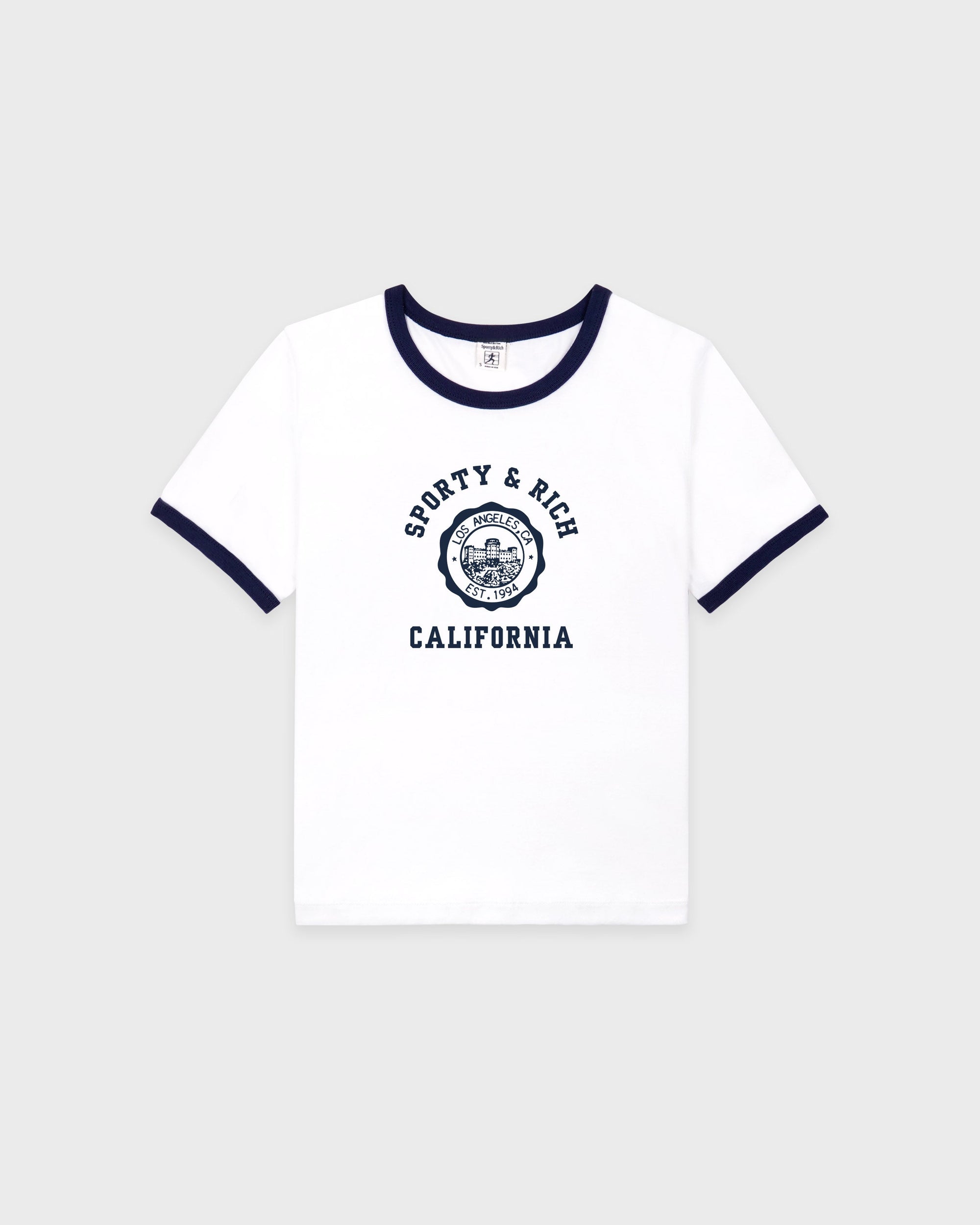 T-shirt à col rond et bordures « California Emblem » - Blanc/Bleu marine foncé
