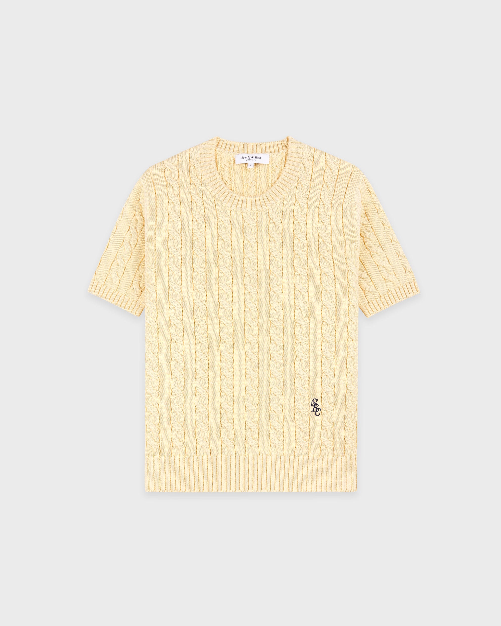 Pull en coton SRC à mailles torsadées - Amande/Bleu marine