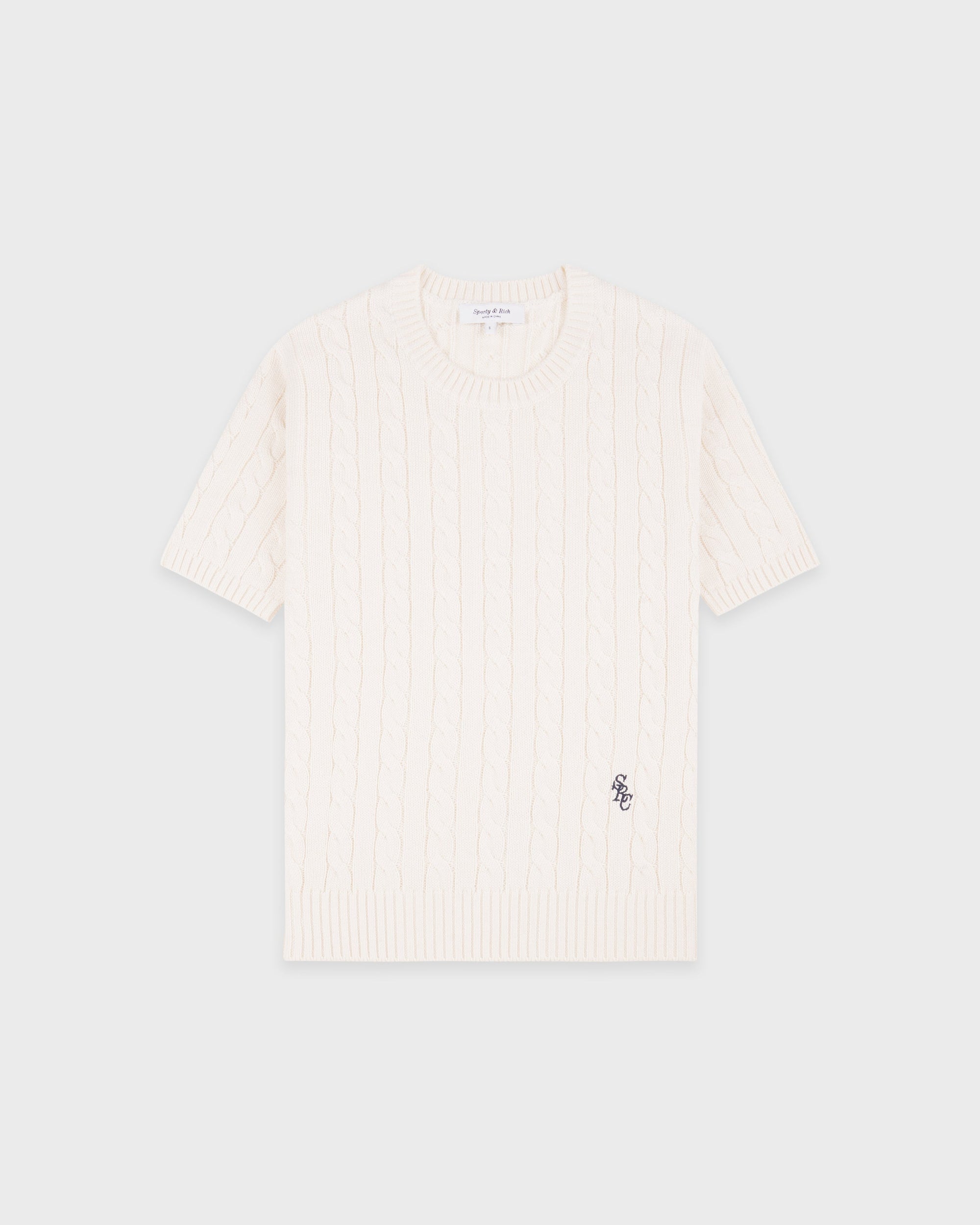 Pull en coton SRC à mailles torsadées - Écru/Bleu marine