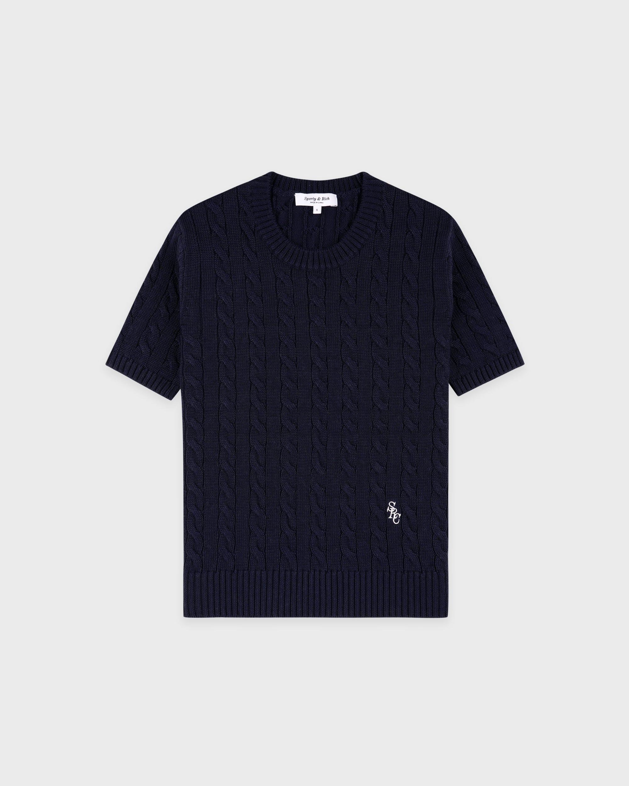 Pull SRC en coton à mailles torsadées - Bleu marine/Blanc