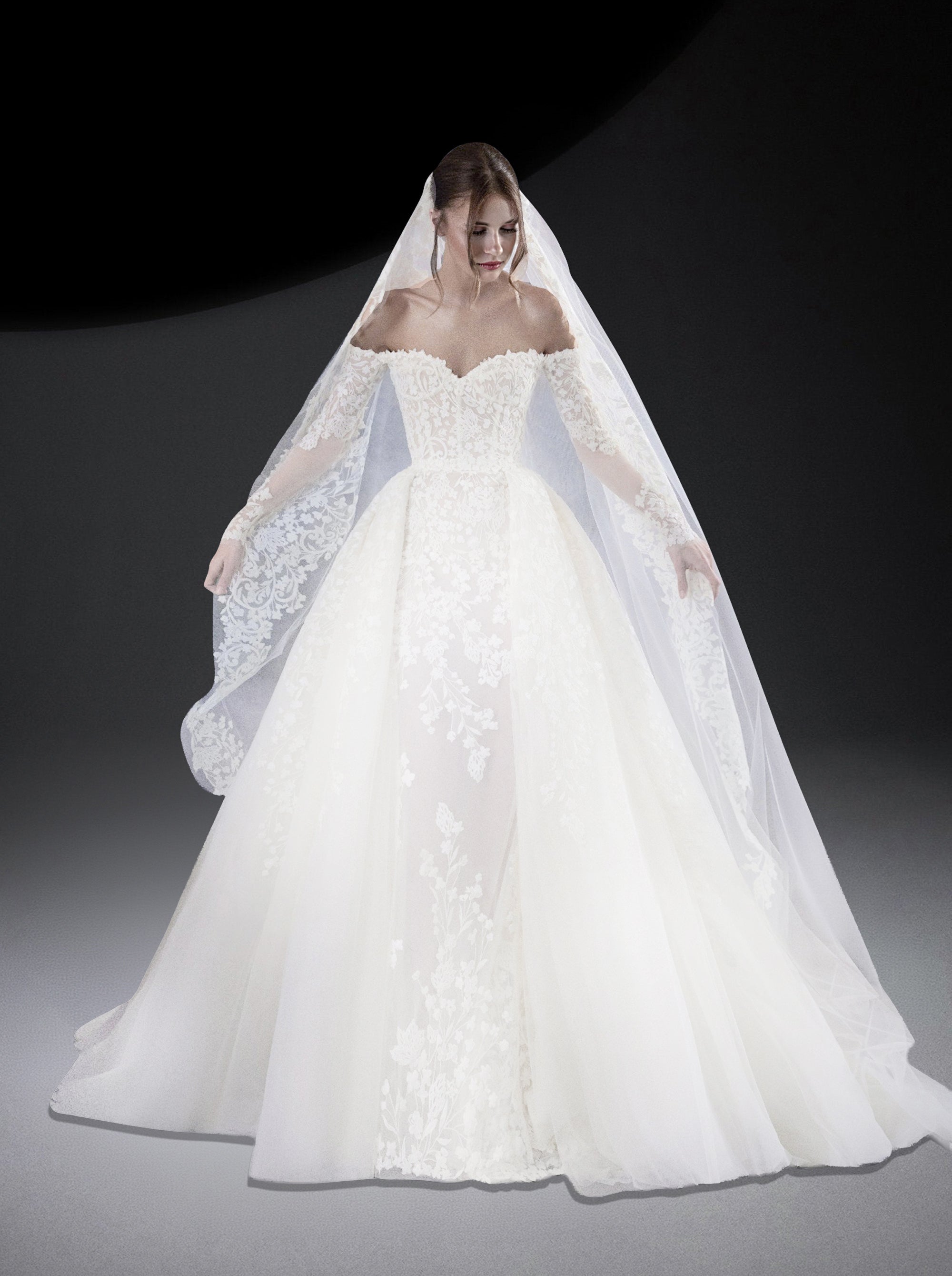 Surjupe à motif fleuri en dentelle et tulle - Pristine Cream