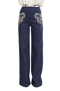 Pantalon droit à broderies fleuries en denim - Denim Blue