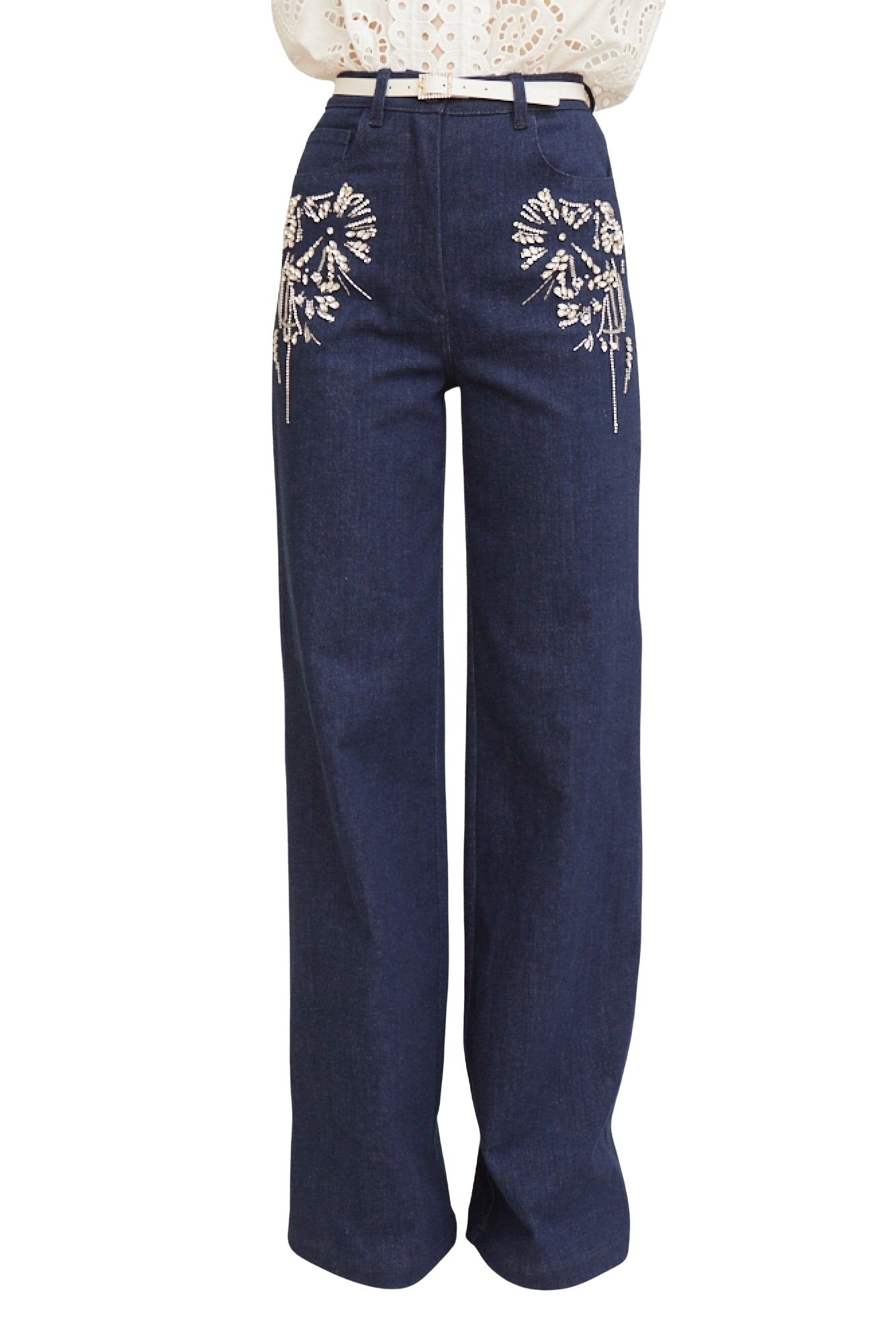 Pantalon droit à broderies fleuries en denim - Denim Blue