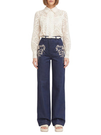 Pantalon droit à broderies fleuries en denim - Denim Blue