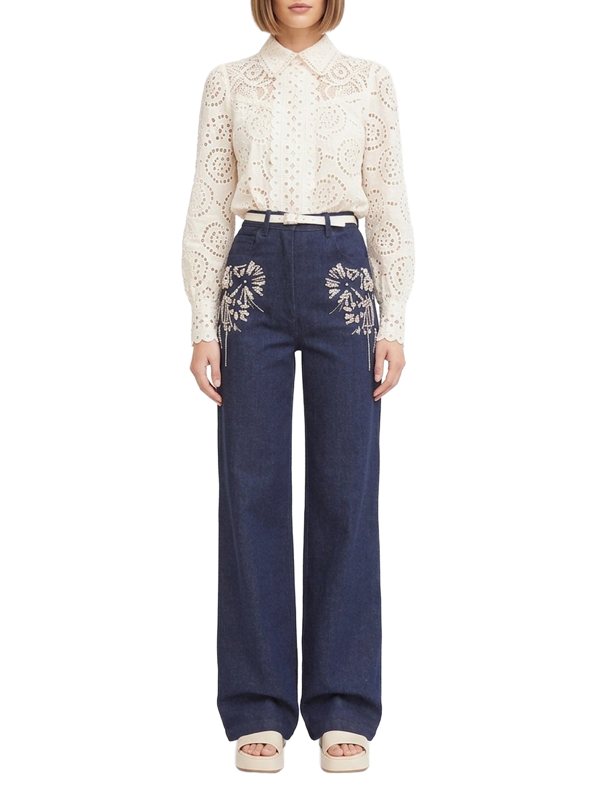 Pantalon droit à broderies fleuries en denim - Denim Blue