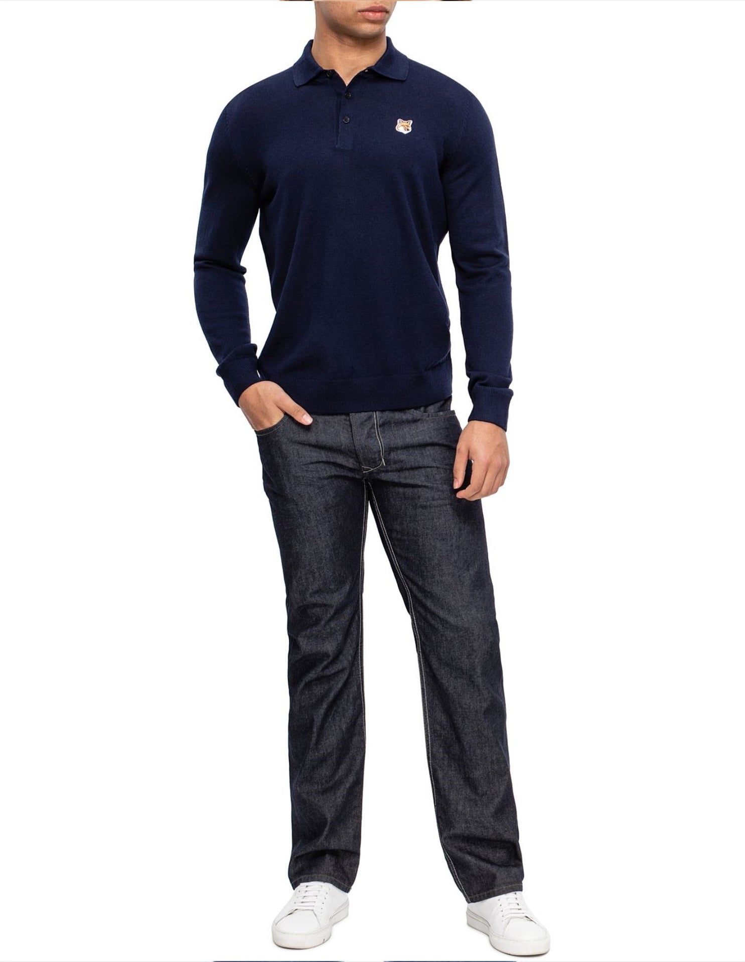 Long-sleeved polo shirt with wool crest - Navy