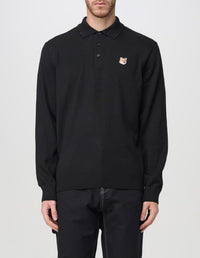 Long-sleeved polo shirt with wool crest - Black
