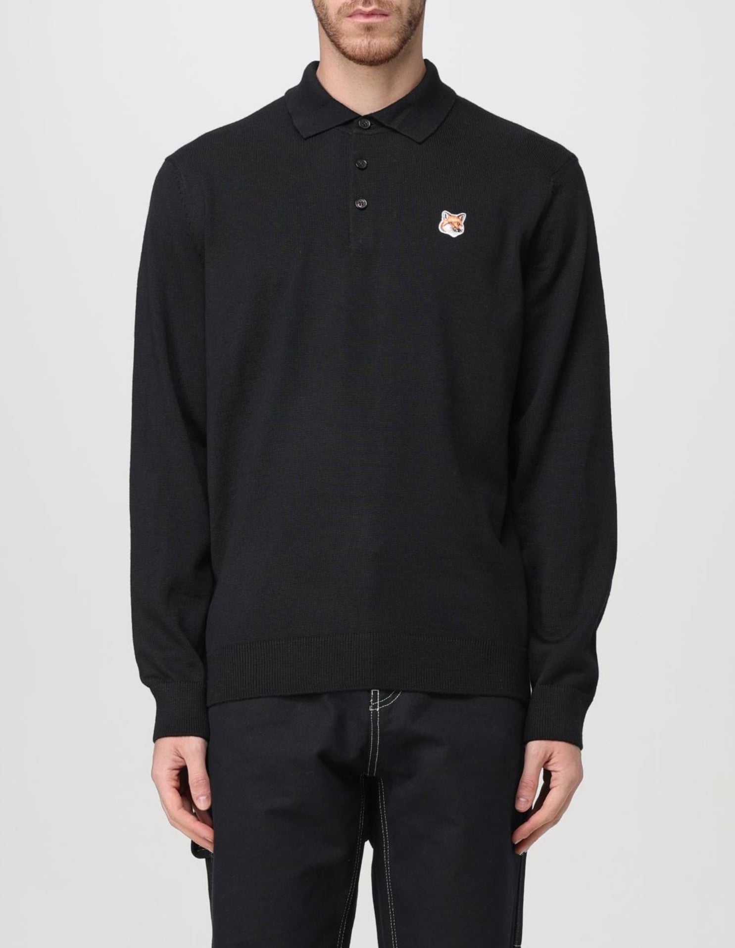 Long-sleeved polo shirt with wool crest - Black
