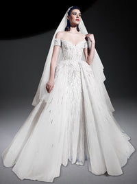 Robe brodée à perles en tulle - Off White