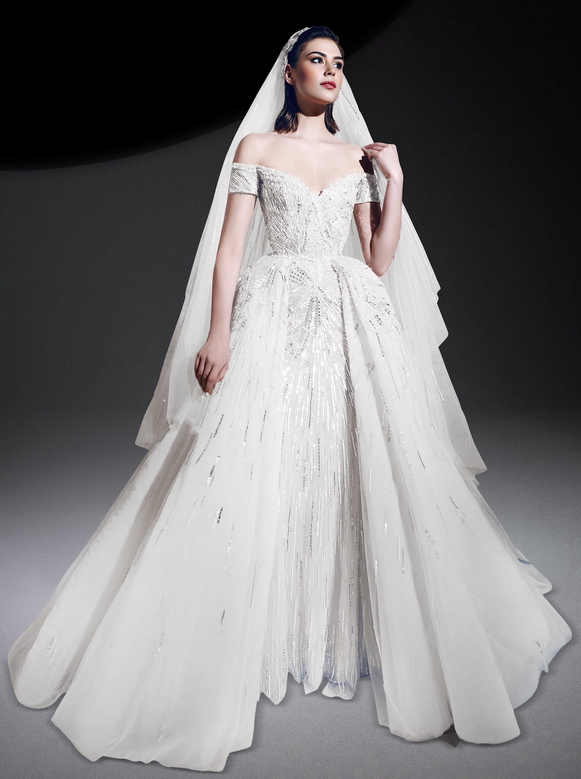Robe brodée à perles en tulle - Off White