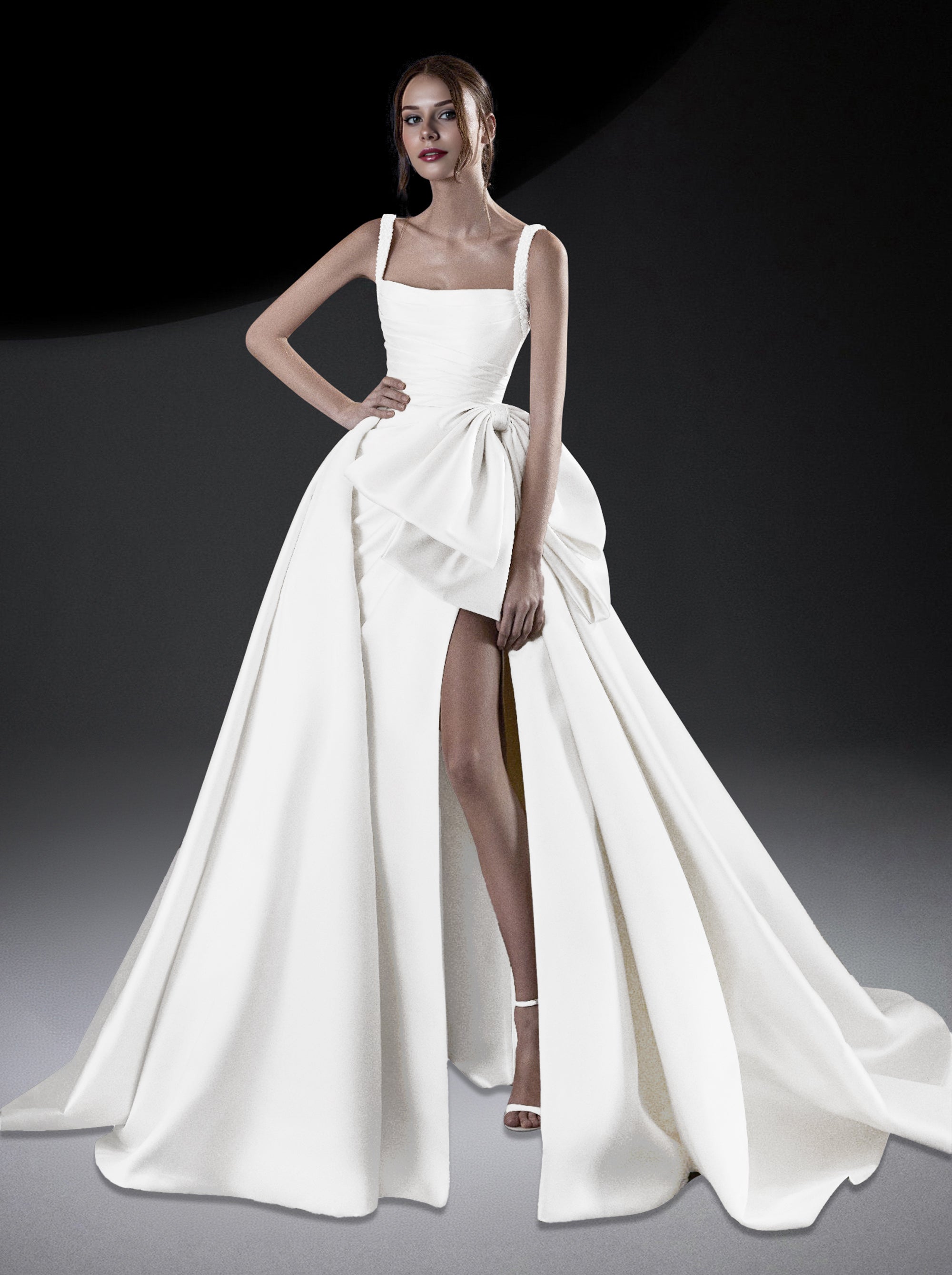 Beaded strapless satin bow dress - Pristine Cream
