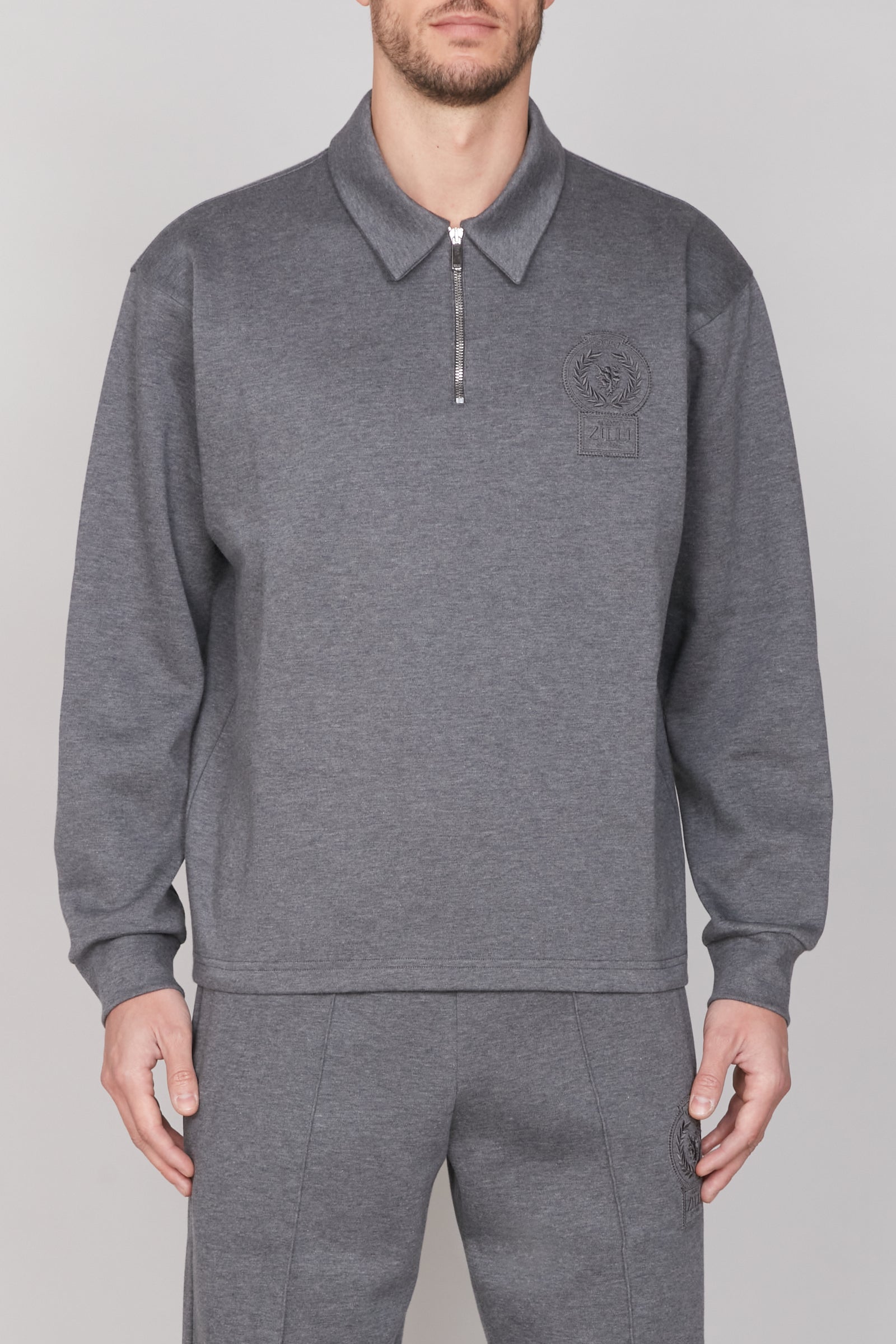 Sweatshirt à écusson brodé et chiné - Gris