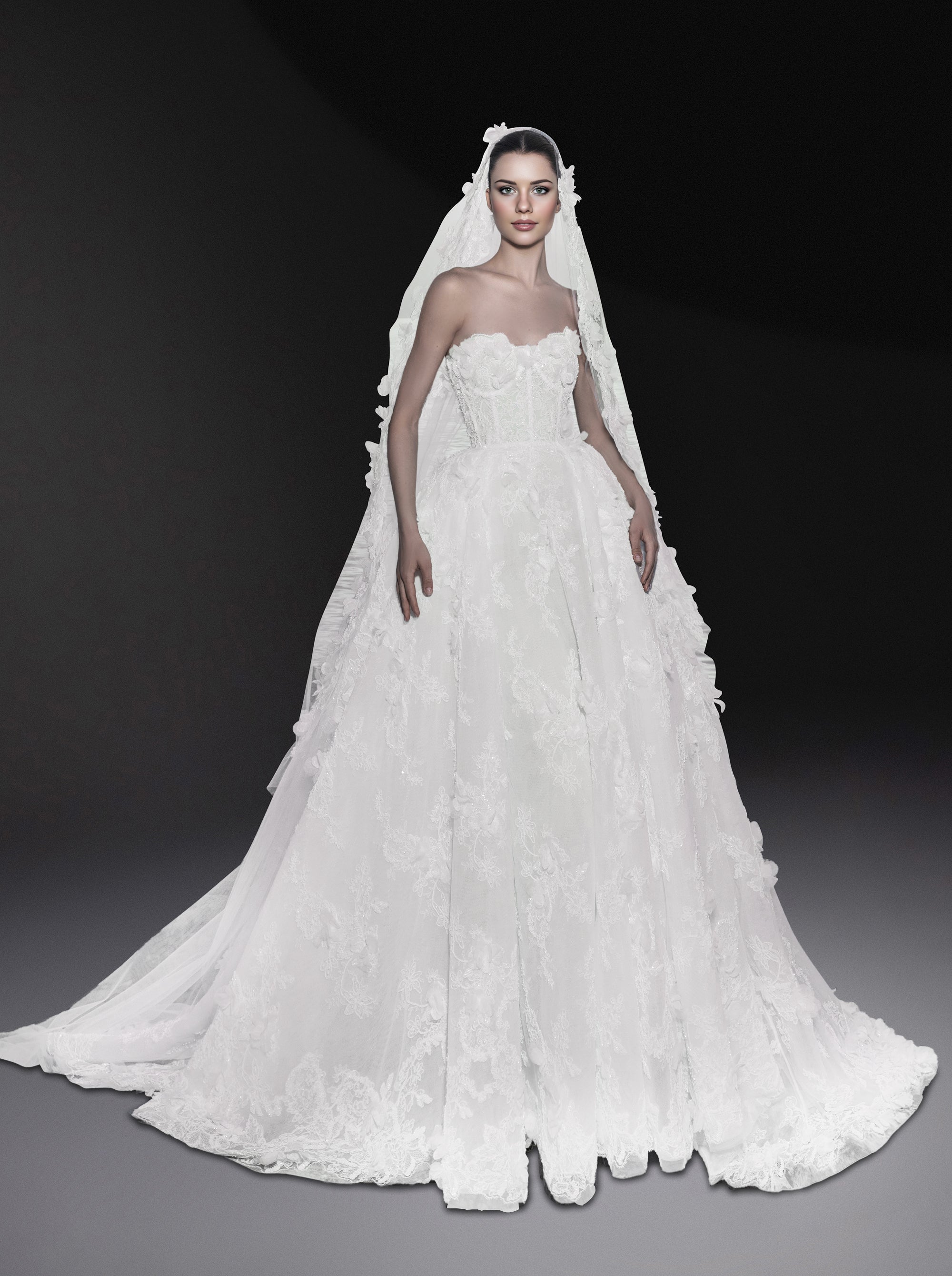 Voile à broderies fleuries en dentelle et tulle - Cloud Dancer