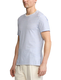 T-shirt rayé à col rond en fil d'Écosse - Deckwash White & Cornflower Blue