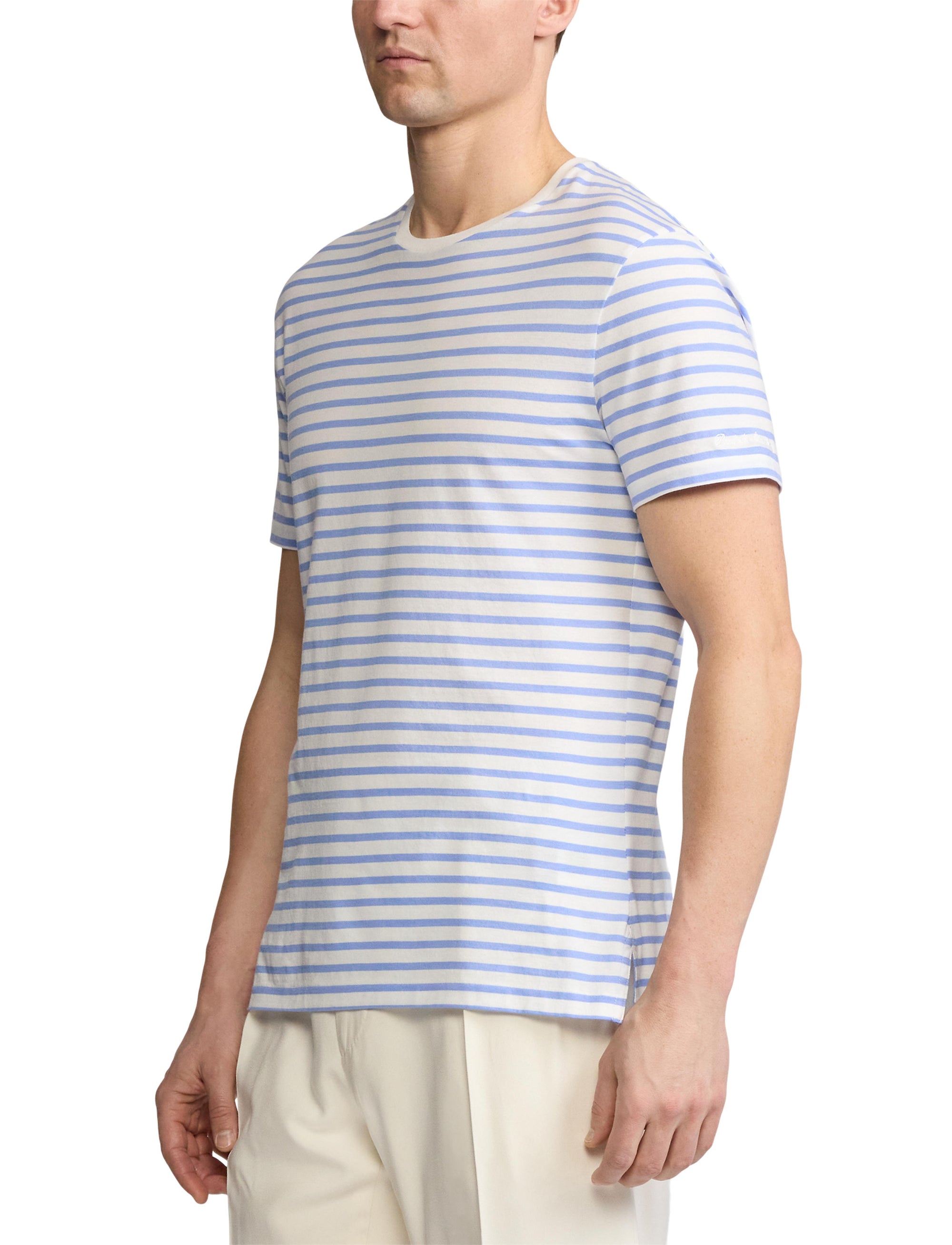 T-shirt rayé à col rond en fil d'Écosse - Deckwash White & Cornflower Blue