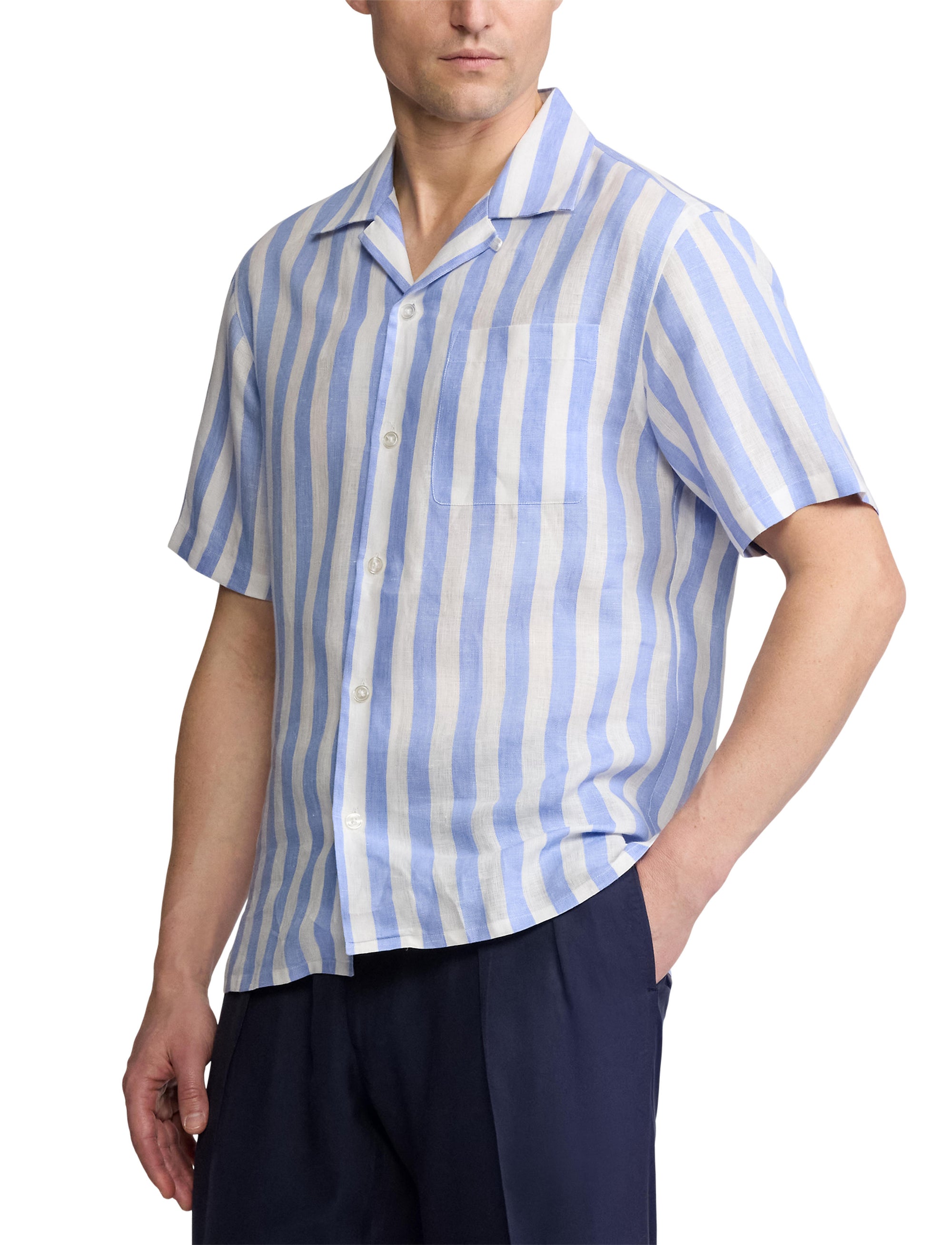 Chemise safari rayée en lin - Cornflower Blue & White