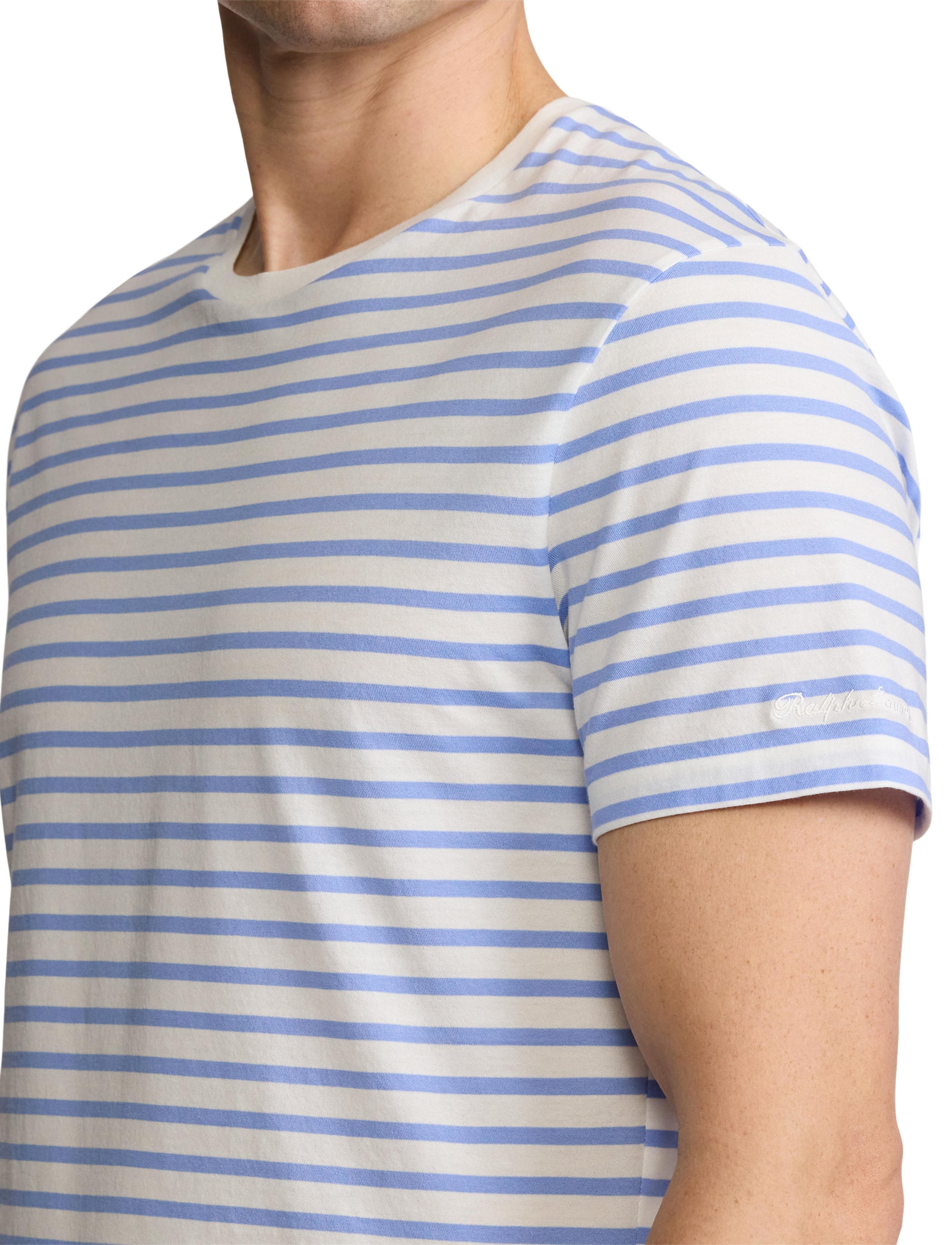 T-shirt rayé à col rond en fil d'Écosse - Deckwash White & Cornflower Blue
