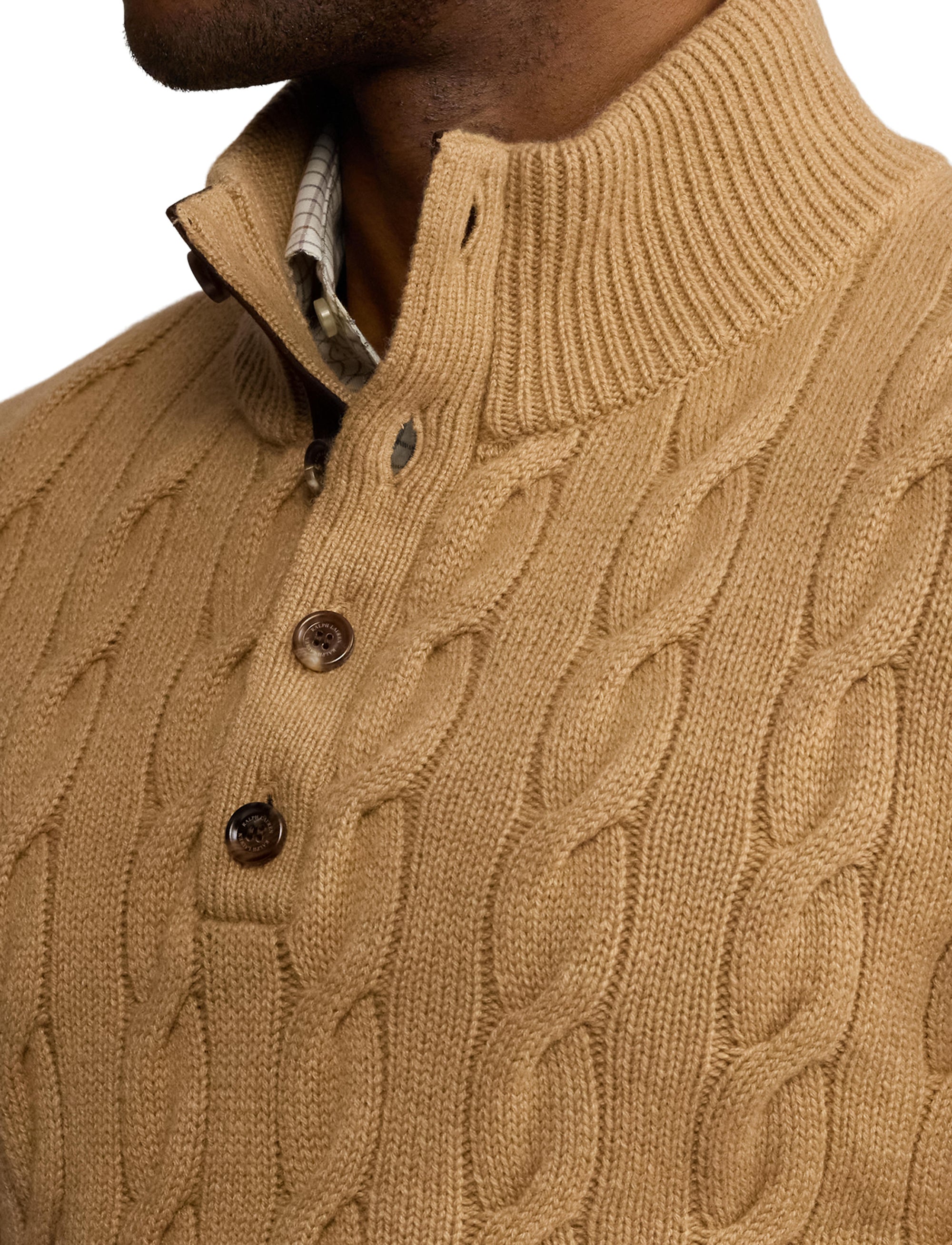 Pull torsadé à col cheminée en cachemire - Camel Melange
