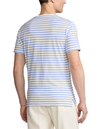 T-shirt rayé à col rond en fil d'Écosse - Deckwash White & Cornflower Blue